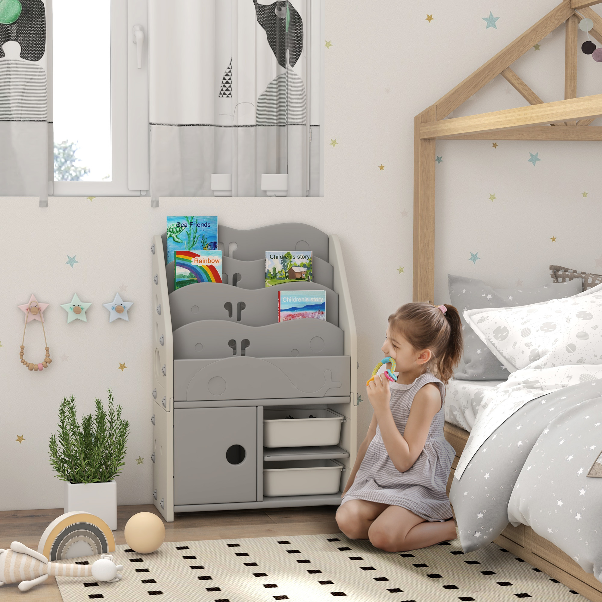 AIYAPLAY Kinderschrank, 4 Regalböden, 2 Aufbewahrungsboxen, HDPE, 67x29x98cm, Hellgrau