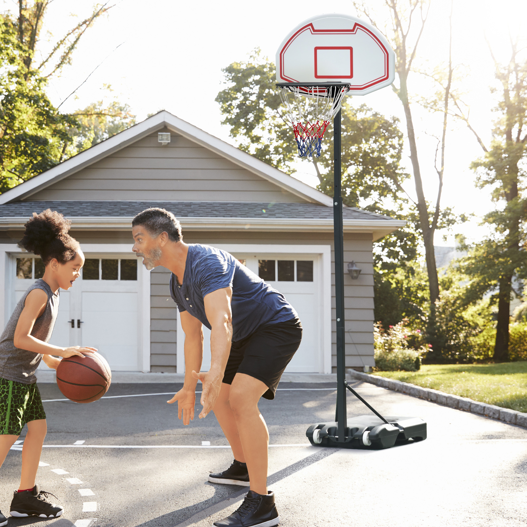 HOMCOM Basketballkorb Outdoor mit Rollen 155-210 cm Höhenverstellbar, Transportable Basketballständer mit Rollen, Tragbar Basketballkorb PE+Stahl