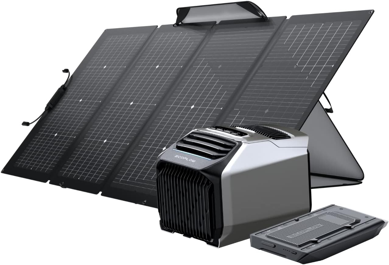 EcoFlow mobile Klimaanlage WAVE 2 mit 1159 Wh Zusätzliche Batterie und 220W Solar panel, 5100 BTU schnelle Kühlung, 6100 BTU Heizung