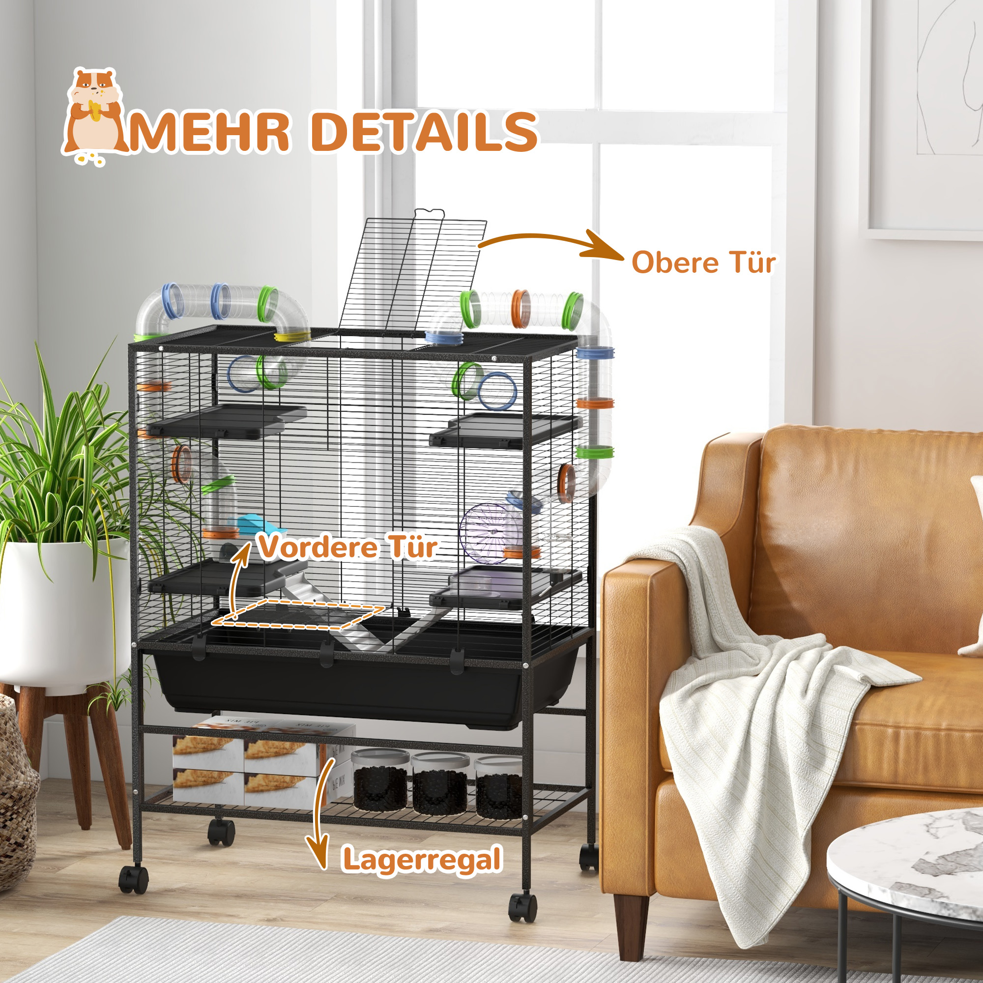Hamsterkooi met Buizen, Looprad, Huisje, Waterdispenser, 109 x 82 x 46 cm, Zwart