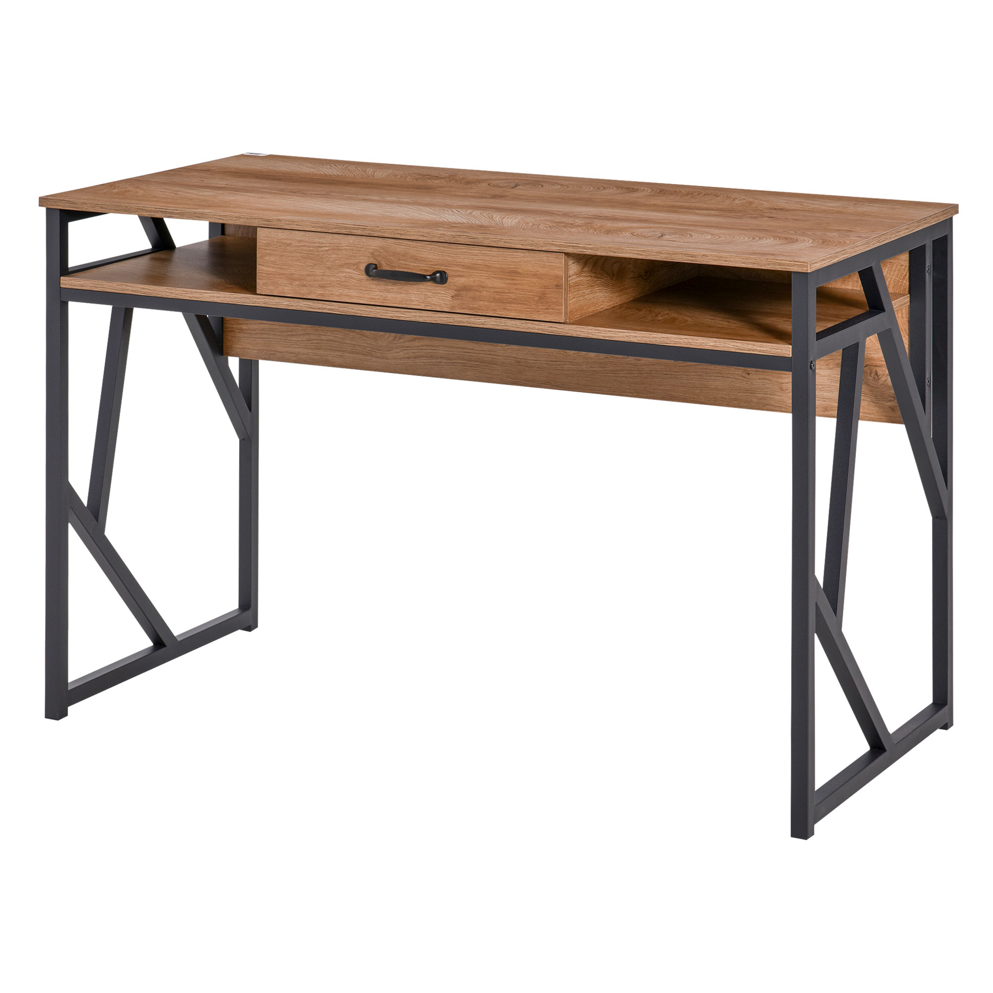 HOMCOM Schreibtisch im Industriestil dim. 120L x 60B x 76H cm mit Schublade + 2 Fächern Metallgestell Schwarz Arbeitsplatte in Nussbaumoptik