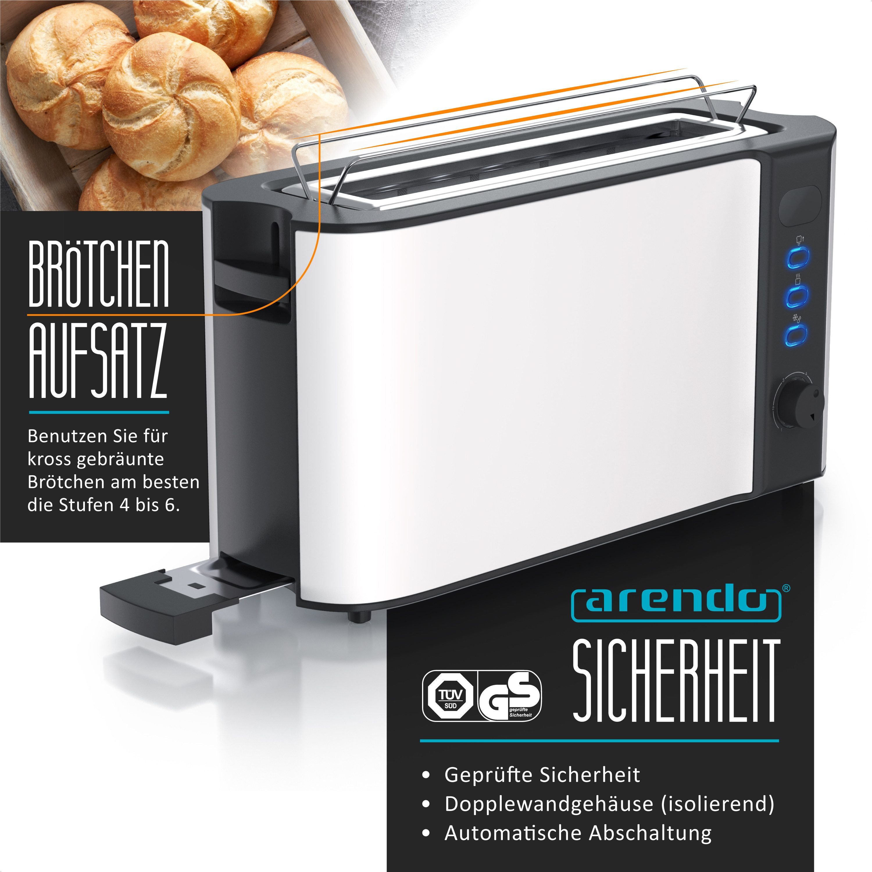 Toaster Langschlitz, Edelstahl, Display mit Restzeitanzeige, Brötchenaufsatz