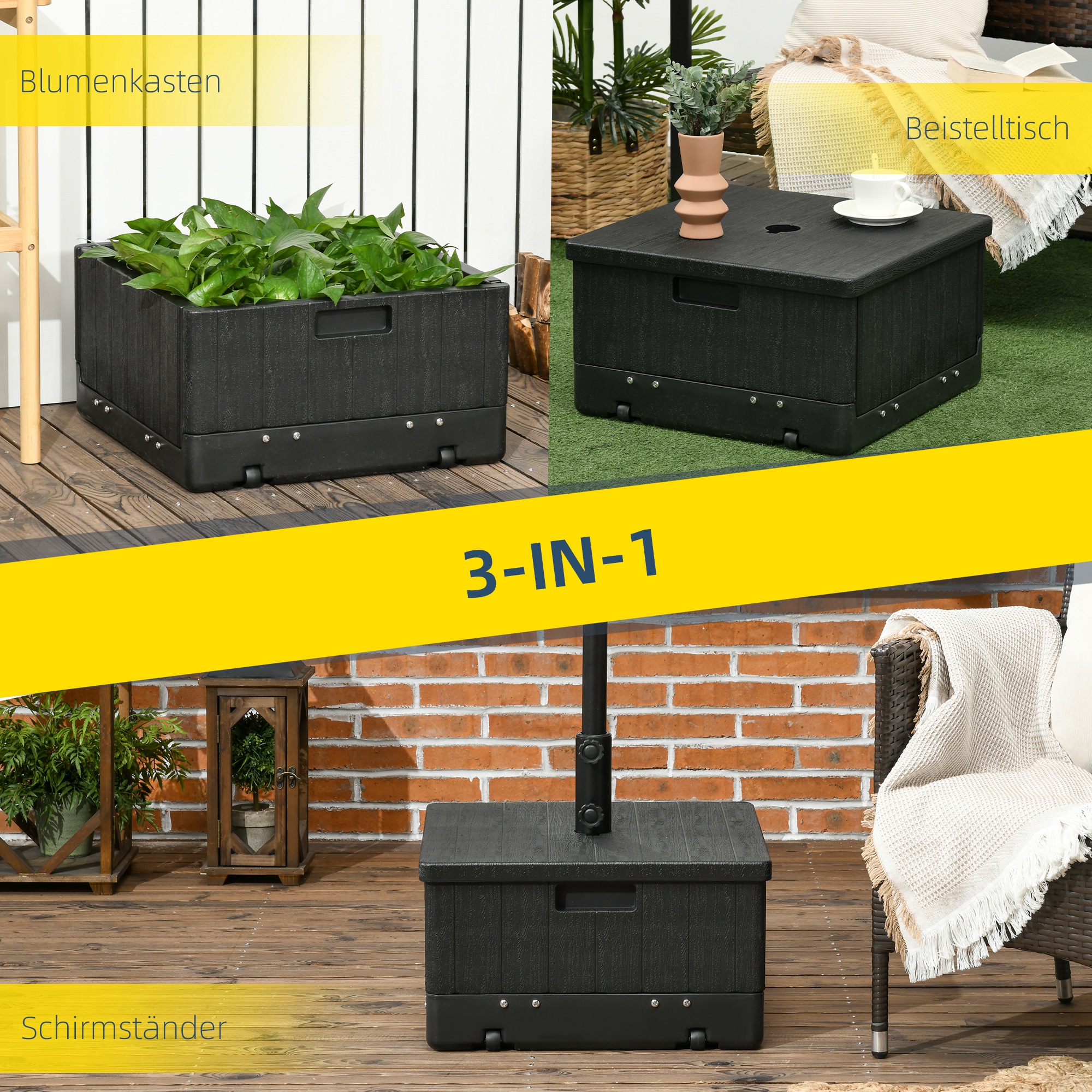 Outsunny 3-in-1 Parasolvoet, Bijzettafel, Bloembak, tot 80 kg zand, weerbestendig, Zwart