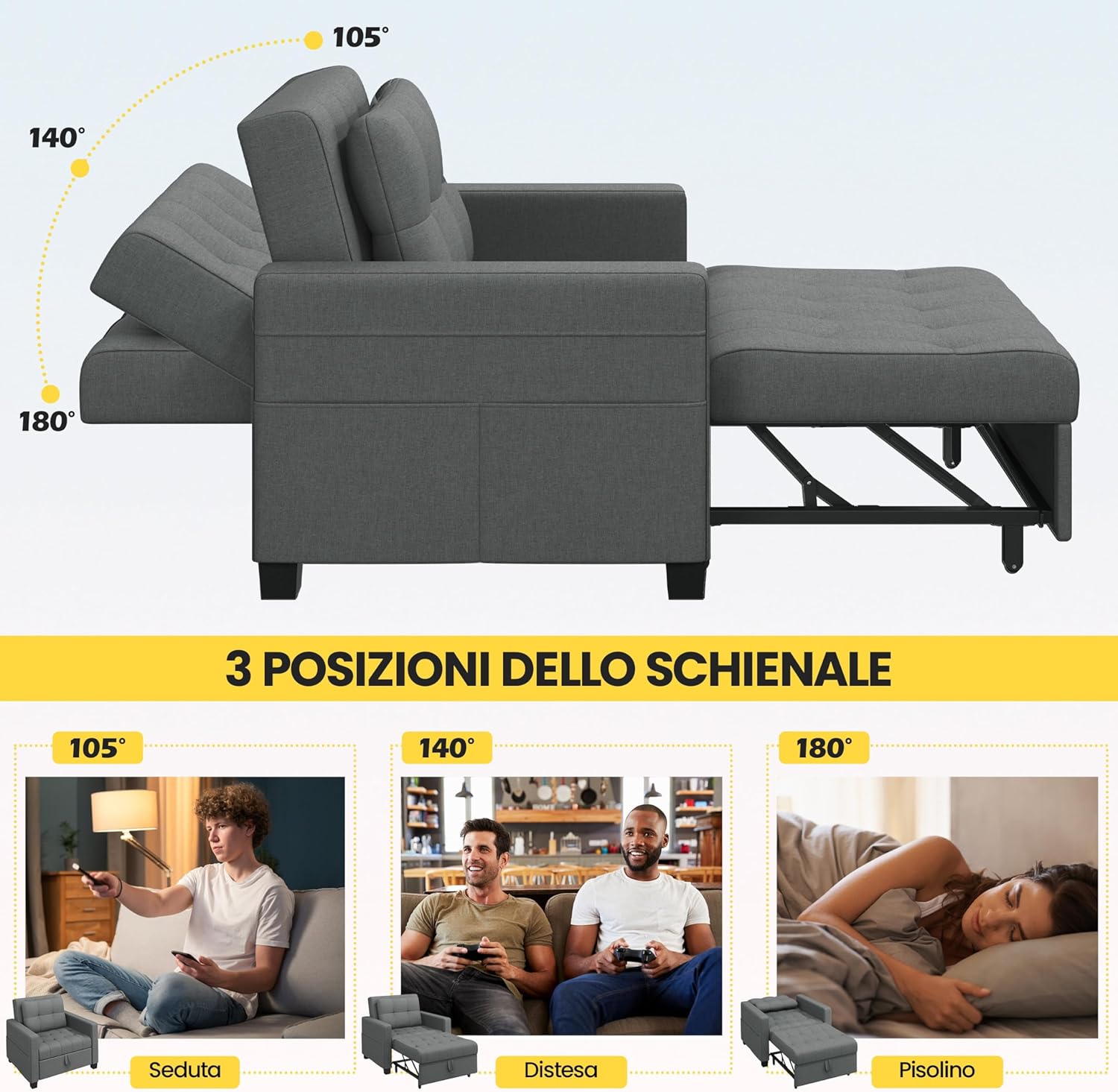 Yaheetech Divano Letto 3 in 1 Imbottito Divanetto Singolo con Schienale Regolabile Divano a 1 Posto per Soggiorno Camera da Letto Poltrona Pieghevole Ufficio Appartamento Grigio Chiaro