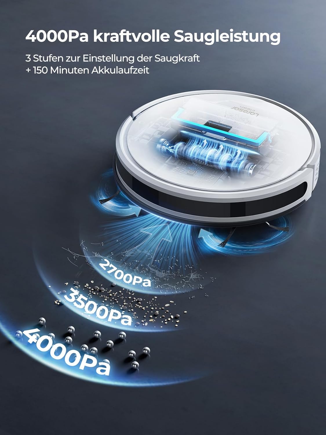 Laresar Clean Aspirapolvere Robot Evol 3S, Robot Aspirapolvere Lavatore 4000Pa con Boost Auto per Tappeto, Ultra Sottile e Silenzioso, Peli di Animali, 3 in 1, Multi-superficie
