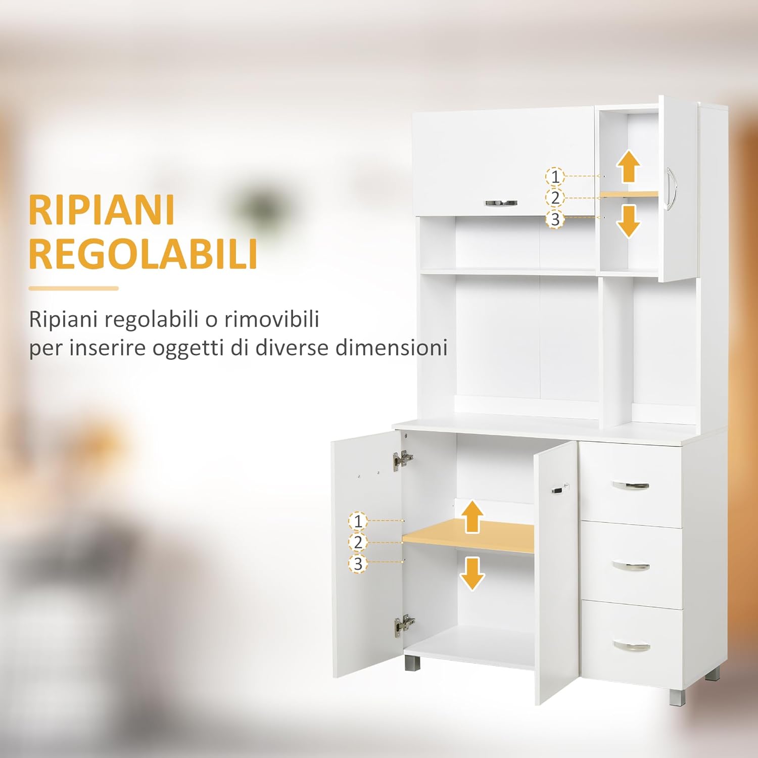 HOMCOM Credenza Alta Moderna con Cassetti e Armadietti, Mobile Cucina per Microonde con Ripiani Aperti, 100x39.5x183.5cm, Bianco
