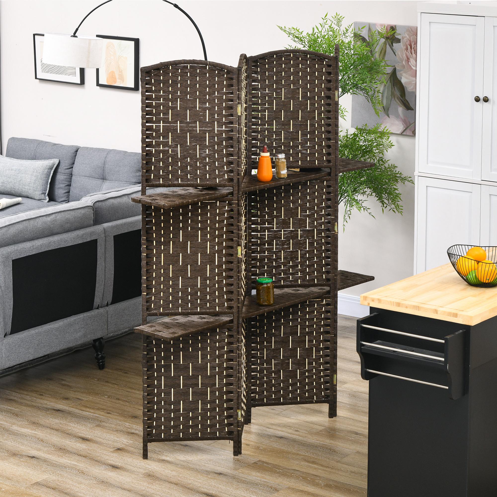 HOMCOM Raumteiler 4 Paneele 160 x 170 cm mit 2 Regalen, klappbar, aus Holz