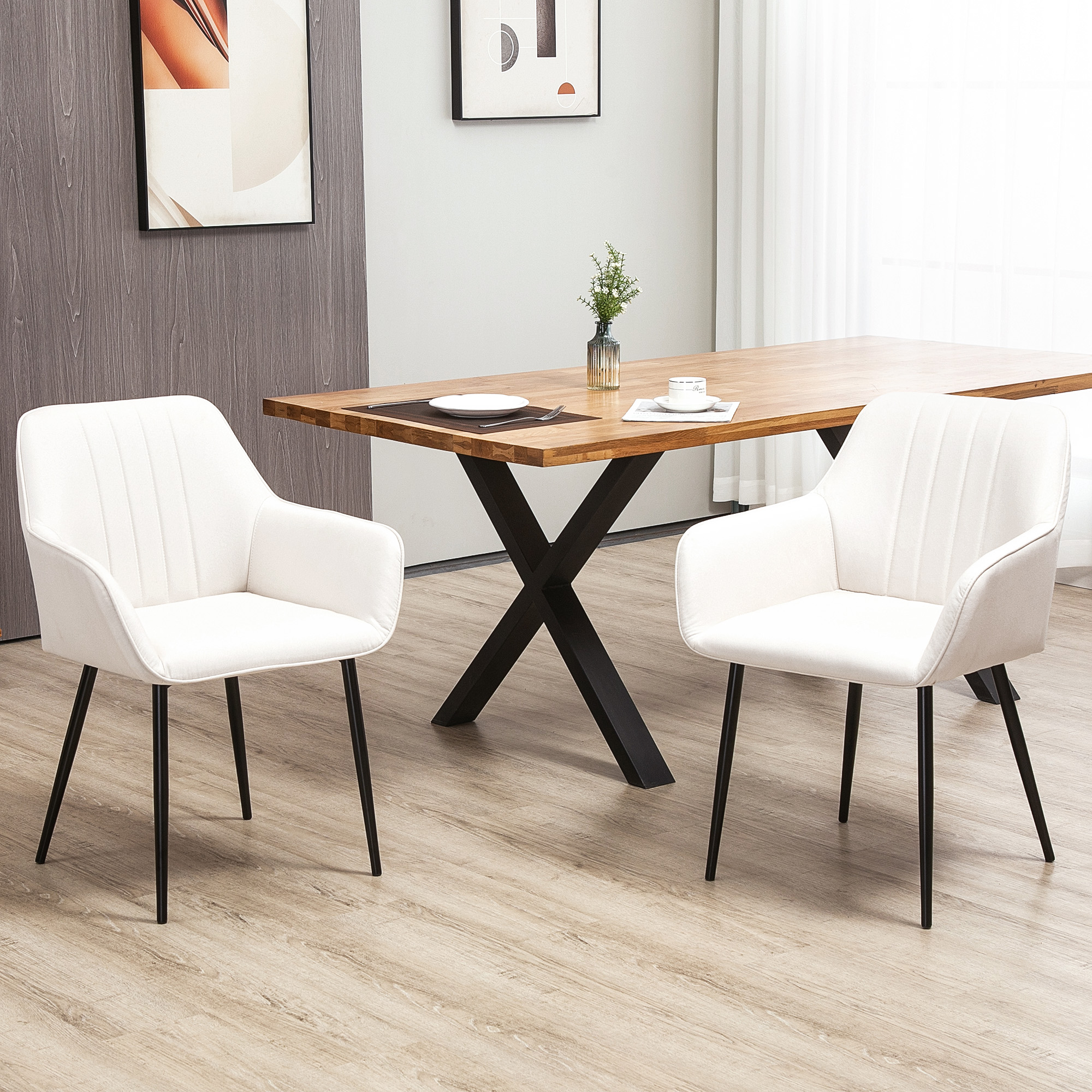 HOMCOM Esszimmerstühle Besucherstühle skandinavisches Design - Set mit 2 Stühlen - Schwarz abgeschrägte Metallbeine - Ergonomische Sitz- Rücken- und Armlehnenpolsterung - Beigefarbener Leinenbezug