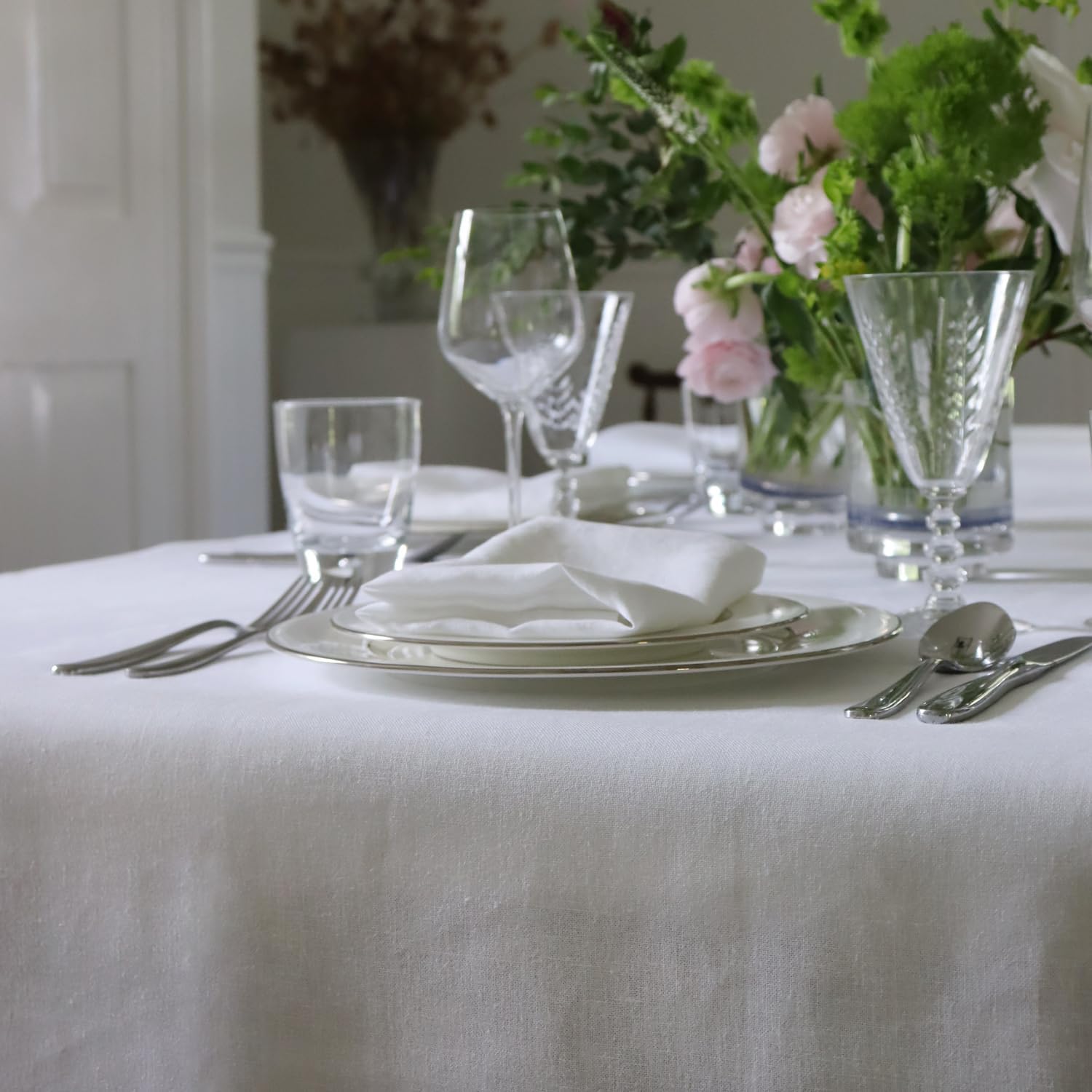 Huddleson White Linen 80” Round Tablecloth Luxury Italian Linen Circular 80 Inch Table Cloth Sewn in US