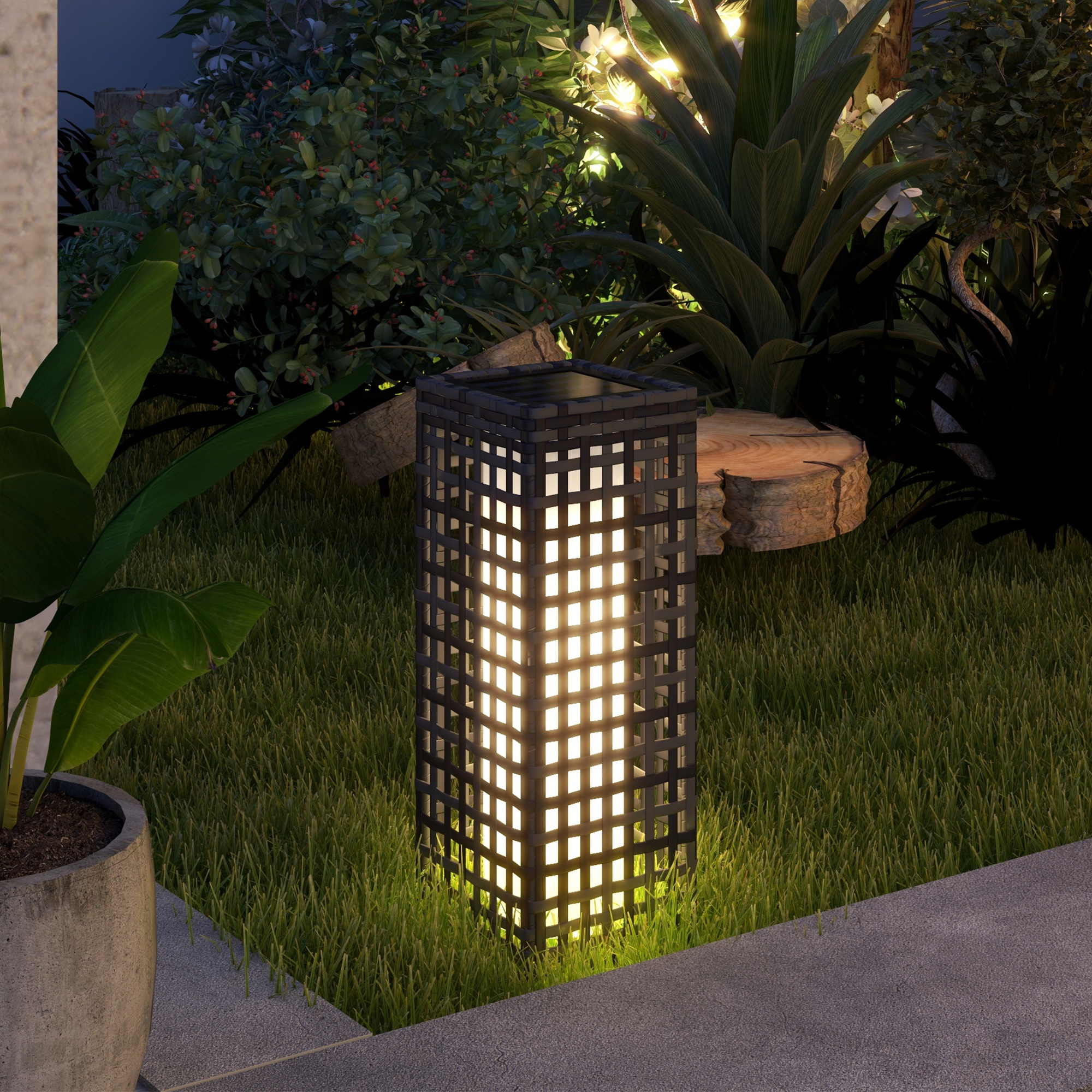Outsunny Außenleuchte mit Solarmodul, Einschaltautomatik, 8 h Betriebszeit, Rattanoptik, Stahl, 15,5 x 15,5 x 46 cm, Grau