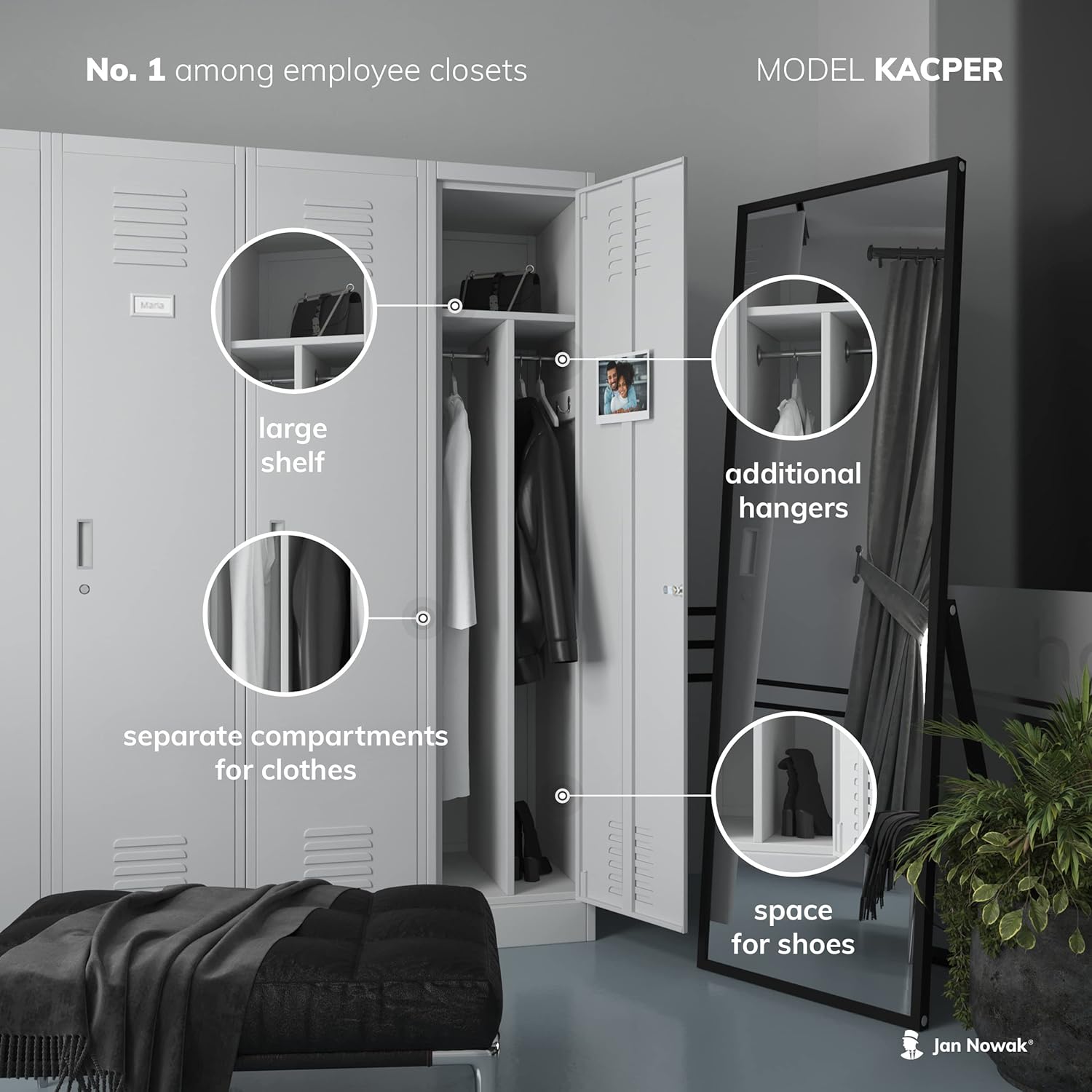 Jan Nowak Dressing Room Cabinet Metal Cabinet 2 Compartments Partition Wall Ventilation Slots Powder Coating 180 cm x 80 cm x 50 cm (Anthracite-White)