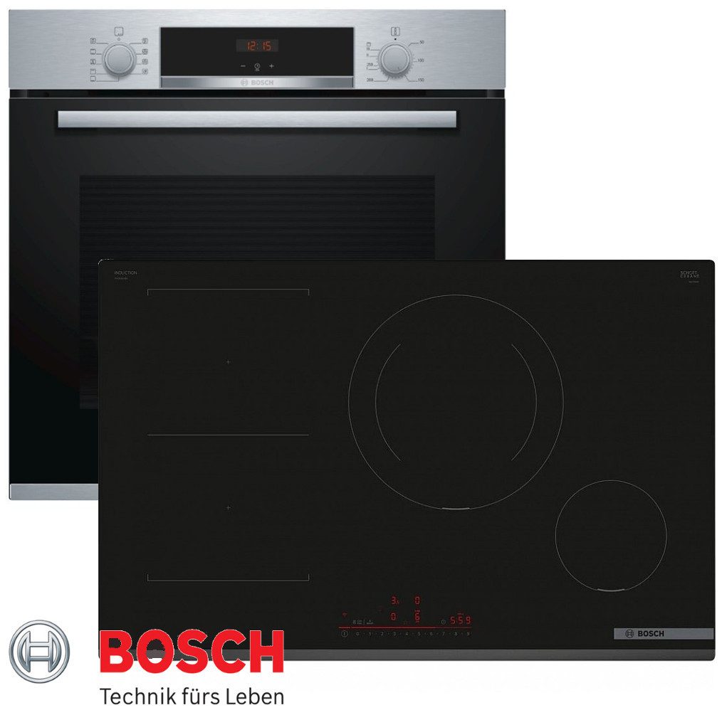 Induktions Herd-Set Autark Backofen Silber mit Teleskop + Kochfeld Induktion 80cm