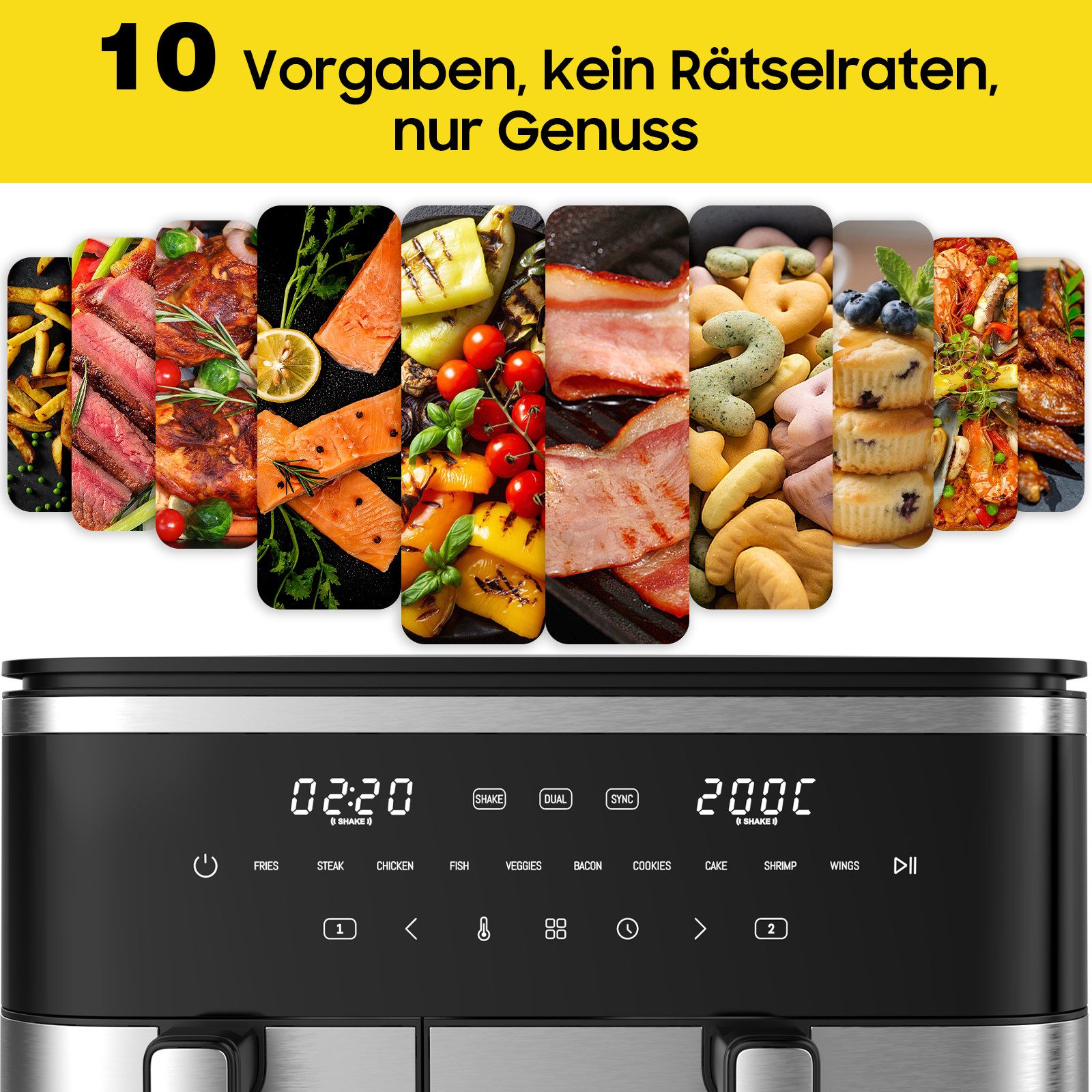 Heißluftfritteuse Doppelkammer11 Liter, XXL Airfryer mit 10 Programme, Touch-Screen