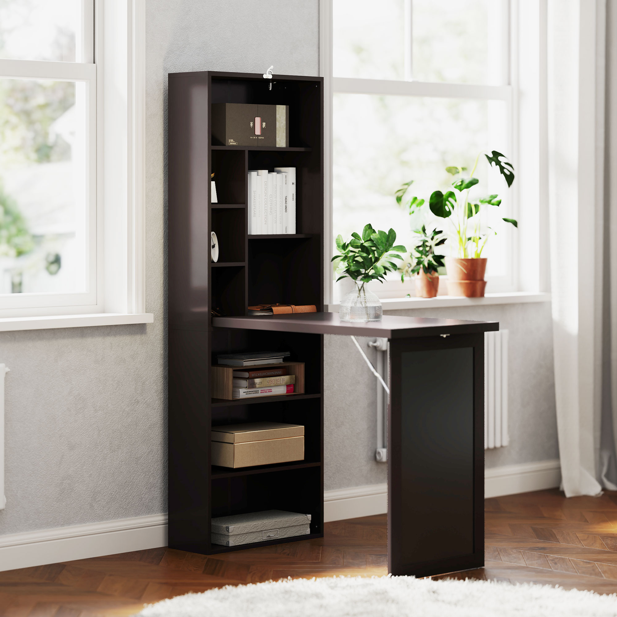 HOMCOM Klappbarer Wandtisch mit Stauraum, Bücherregal, Arbeitsplatz, Kreidetafel und höhenverstellbarem Regal