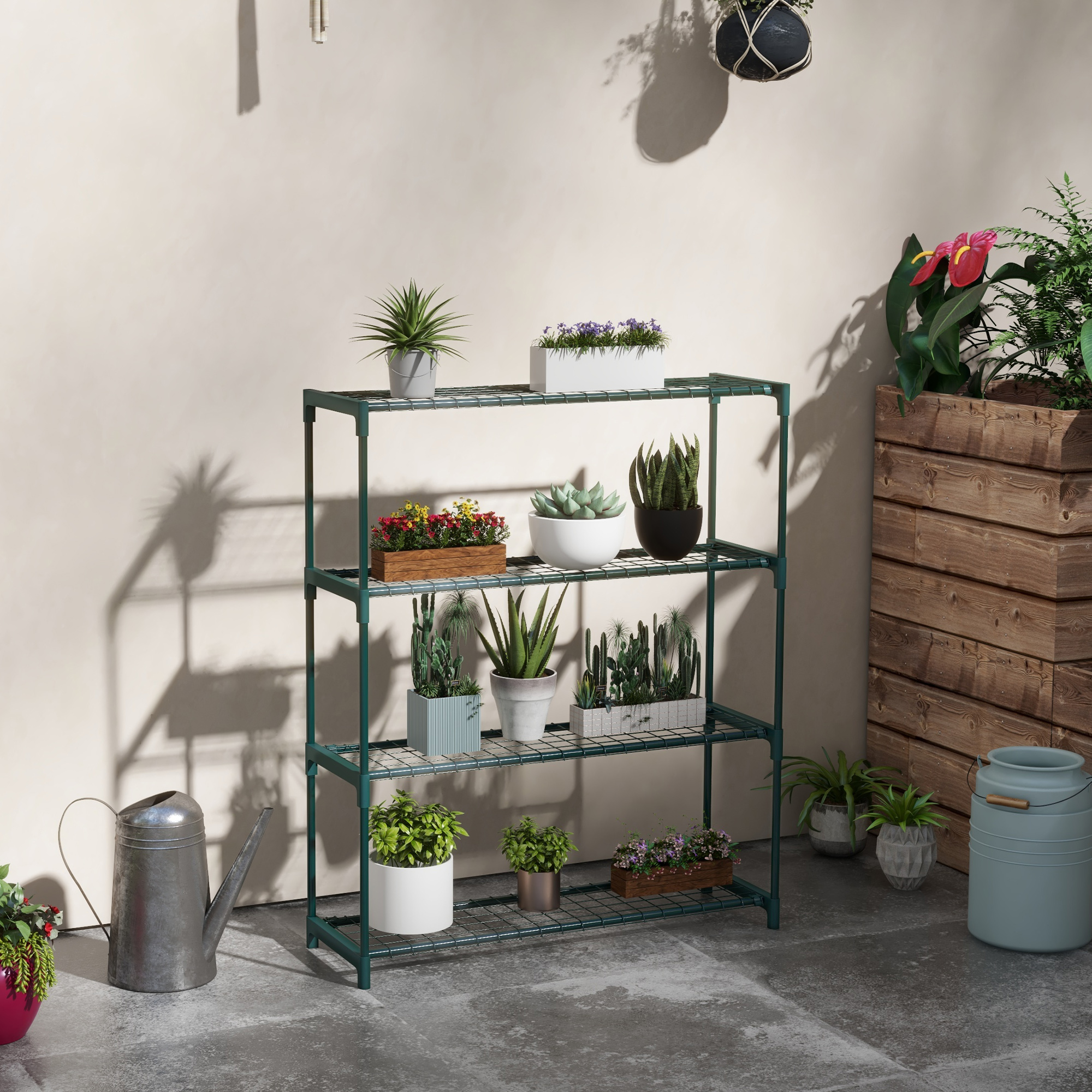 Outsunny Pflanzenregal Blumentreppe Pflanzentreppe, 4 Regale, 89 cm x 28 cm x 107 cm, Dunkelgrün