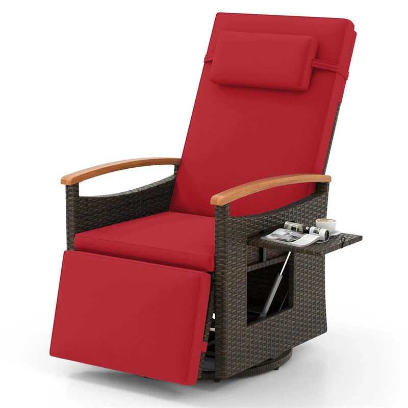 Outdoor Rattan 360° Swivel Recliner Chair, Patio Wicker Chaise Lounge Chair with Adjustable Backrest & Footrest, Flip Side Table & Cushions