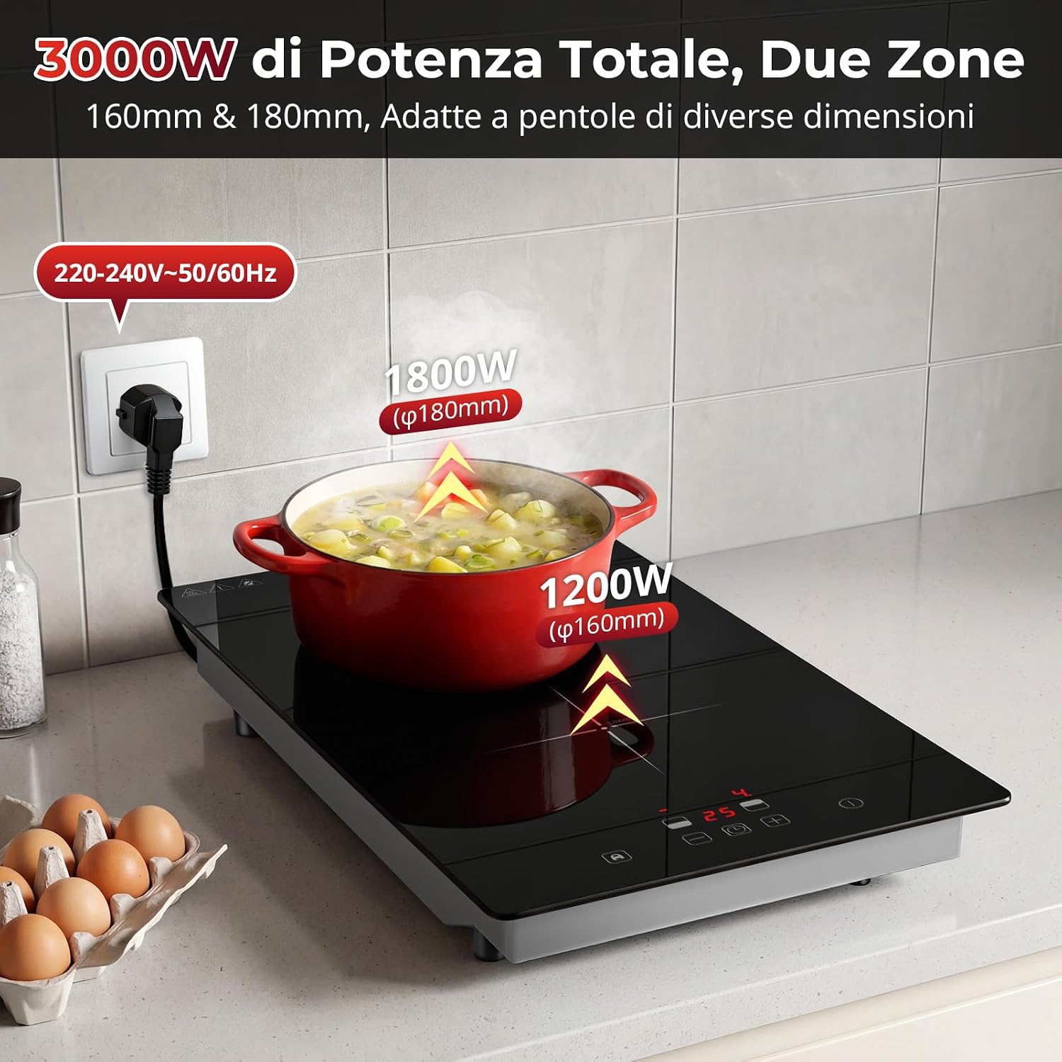 SNDOAS Piano Cottura Induzione 2 Fuochi 3000W, Incasso/Portatile, Con Spina