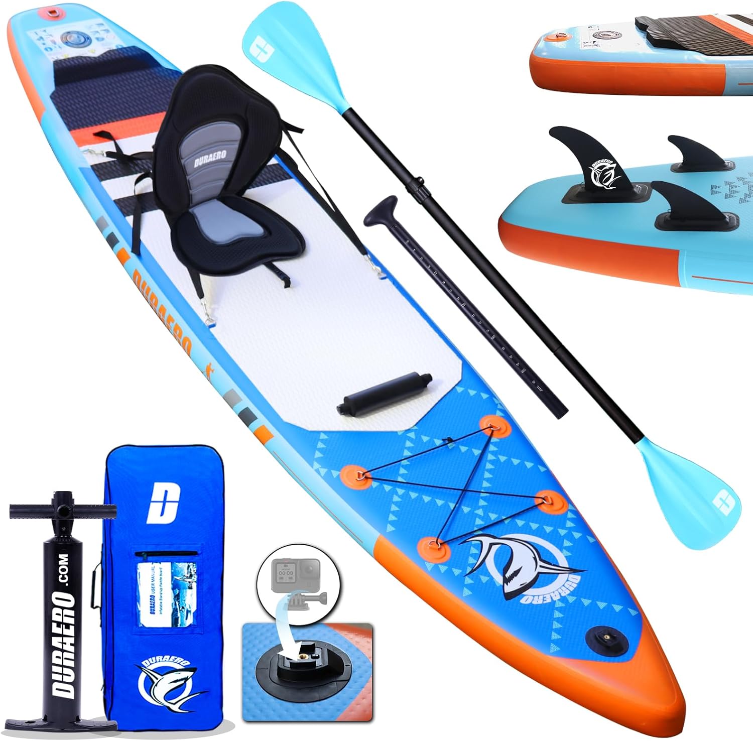 Tavole gonfiabili da Stand Up Paddle, supporto per cam, pad integrato a 3 pinze, doppia pagaia regolabile, accessori completi, 330 x 76 x 15 cm, portata fino a 150 kg, Blu