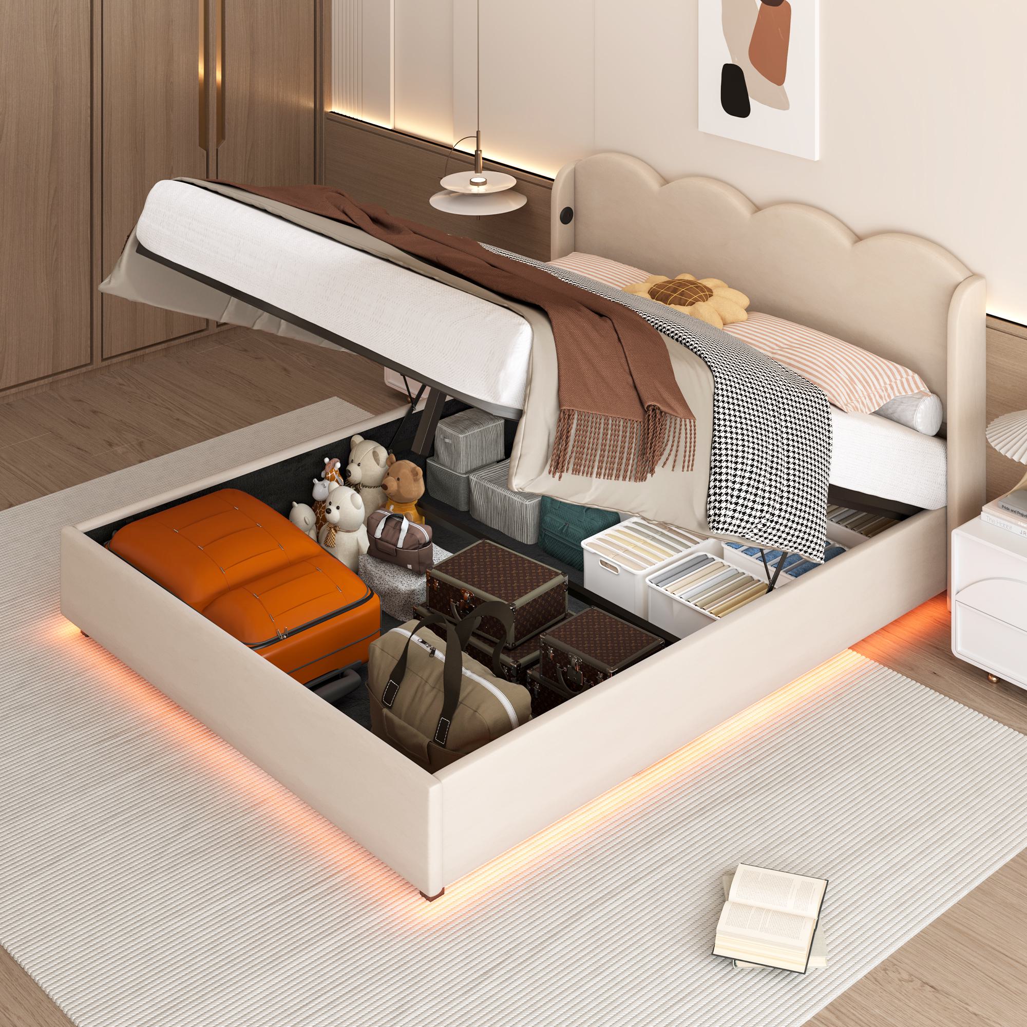 Doppelbett mit wellenförmigem Kopfteil, LED-Licht, hydraulischem Stauraum, Stoff in Samtoptik, 140×200 cm, ohne Matratze, Beige