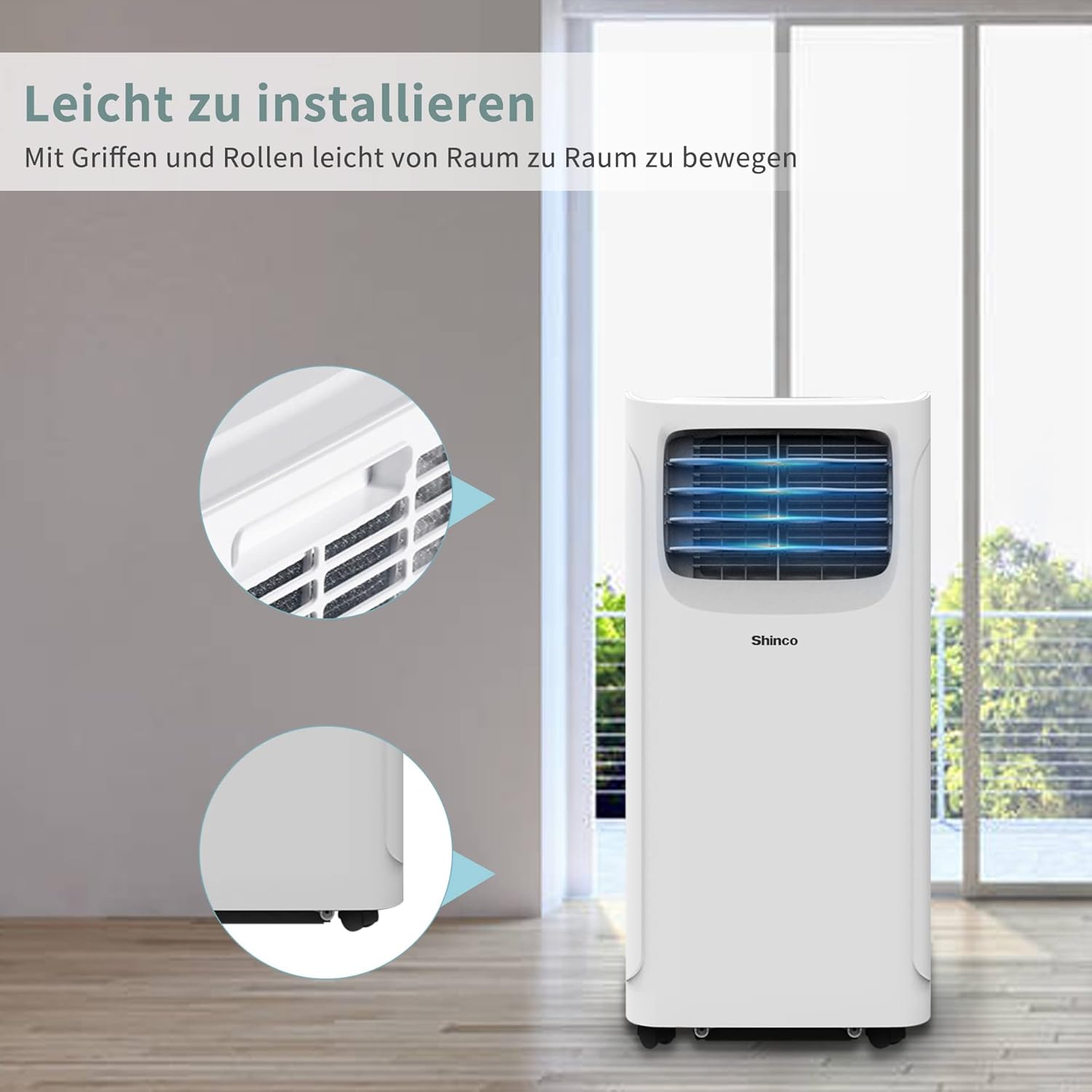 SHINCO Mobile Klimaanlage mit Abluftschlauch, 9000BTU, 2,6 kW, Kühlen&Ventilieren&Entfeuchten, Mobiles Klimagert mit Schlafmodus, Raumgre bis 22㎡, 24-Stunden-Timer