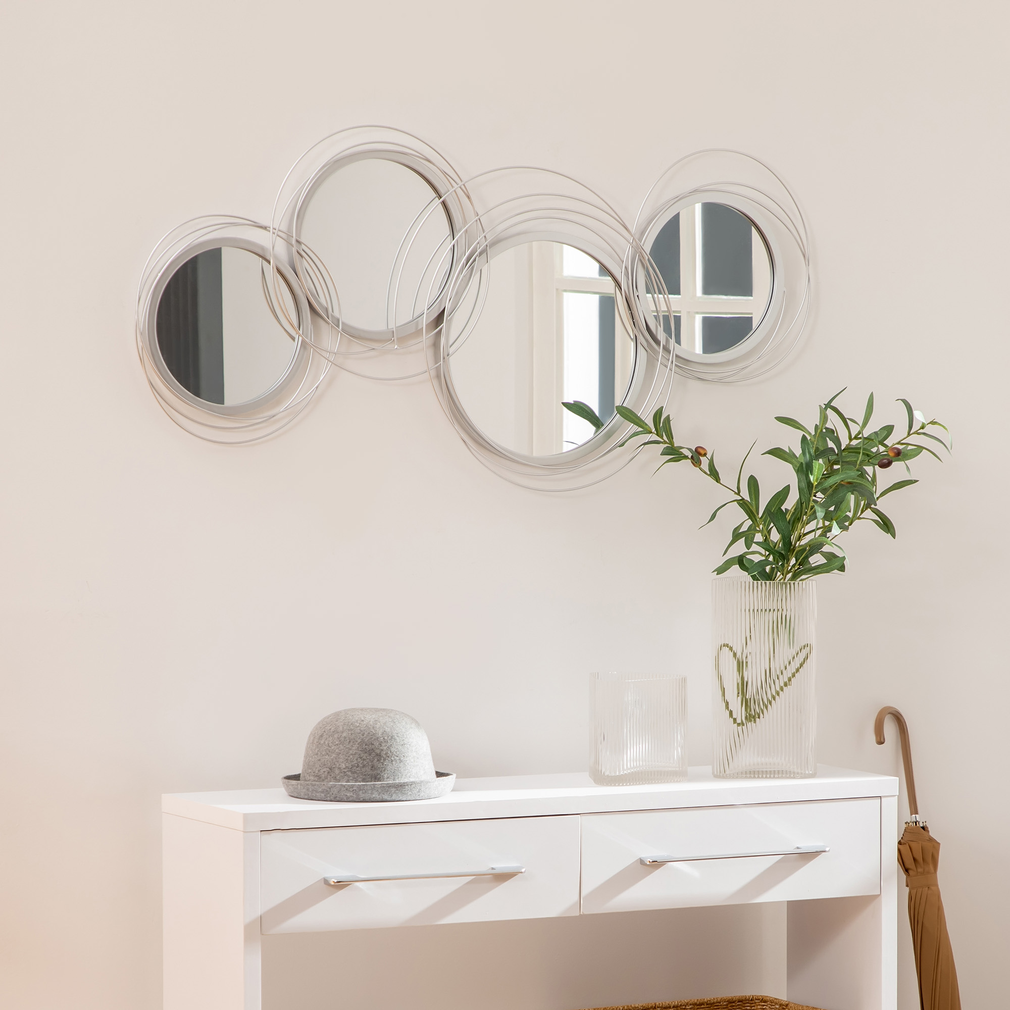 HOMCOM Spiegel-Set für Wanddekoration, Wandschmuck mit 4 runden Spiegeln, Wandspiegel, Flurspiegel,107 x 4 x 56 cm