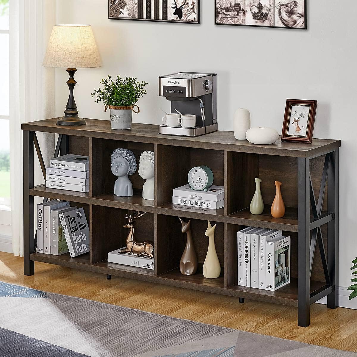 FATORRI 8 Cube Storage Organizer Bookshelf, 62 Inch Rustic Wood Horizontal Bookcase, Industrial Cube Long Book Shelf for Living Room (Walnut Brown)