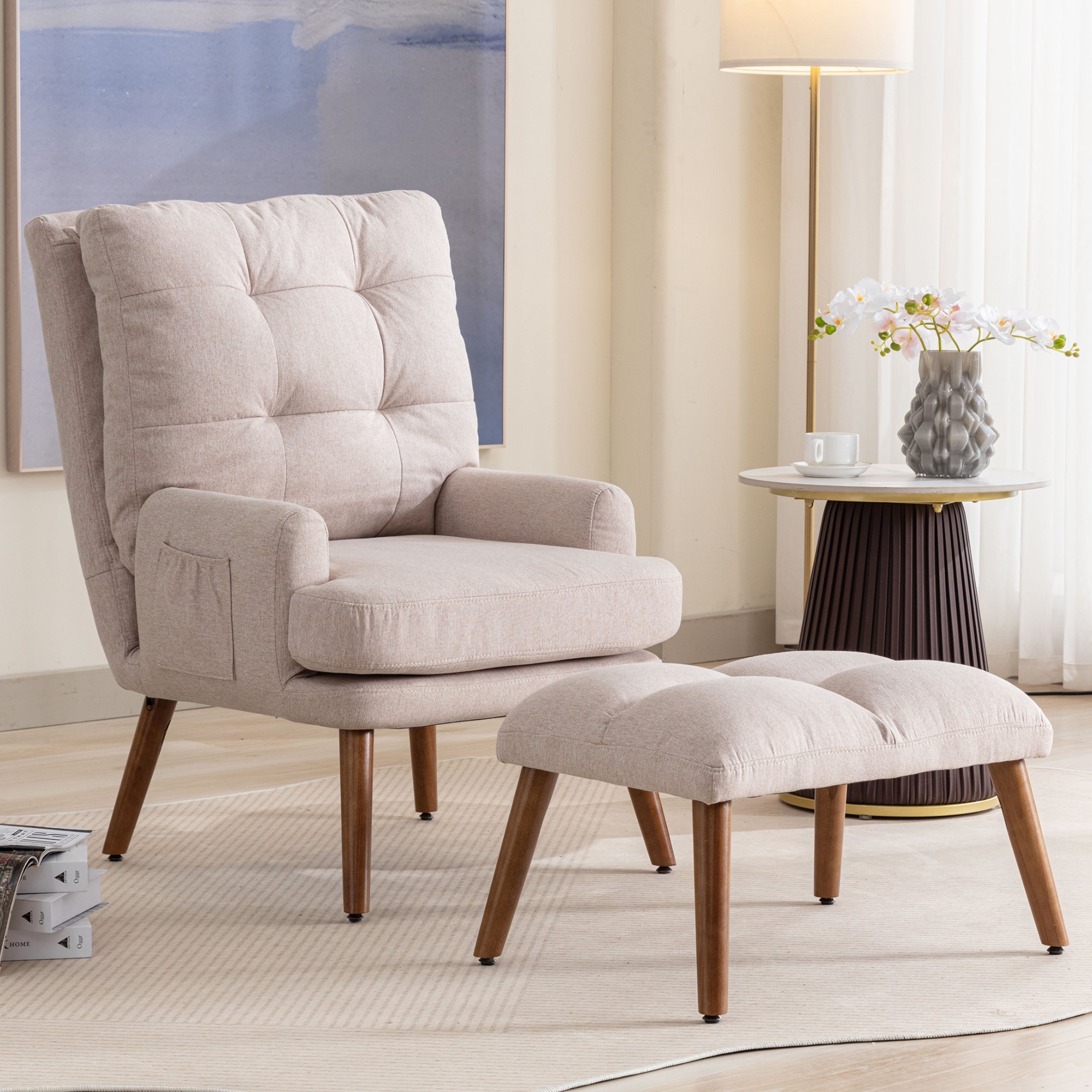 Lounge Sessel mit Hocker, verstellbare Rückenlehne, Seitentaschen, 65x60x96cm, Weiss