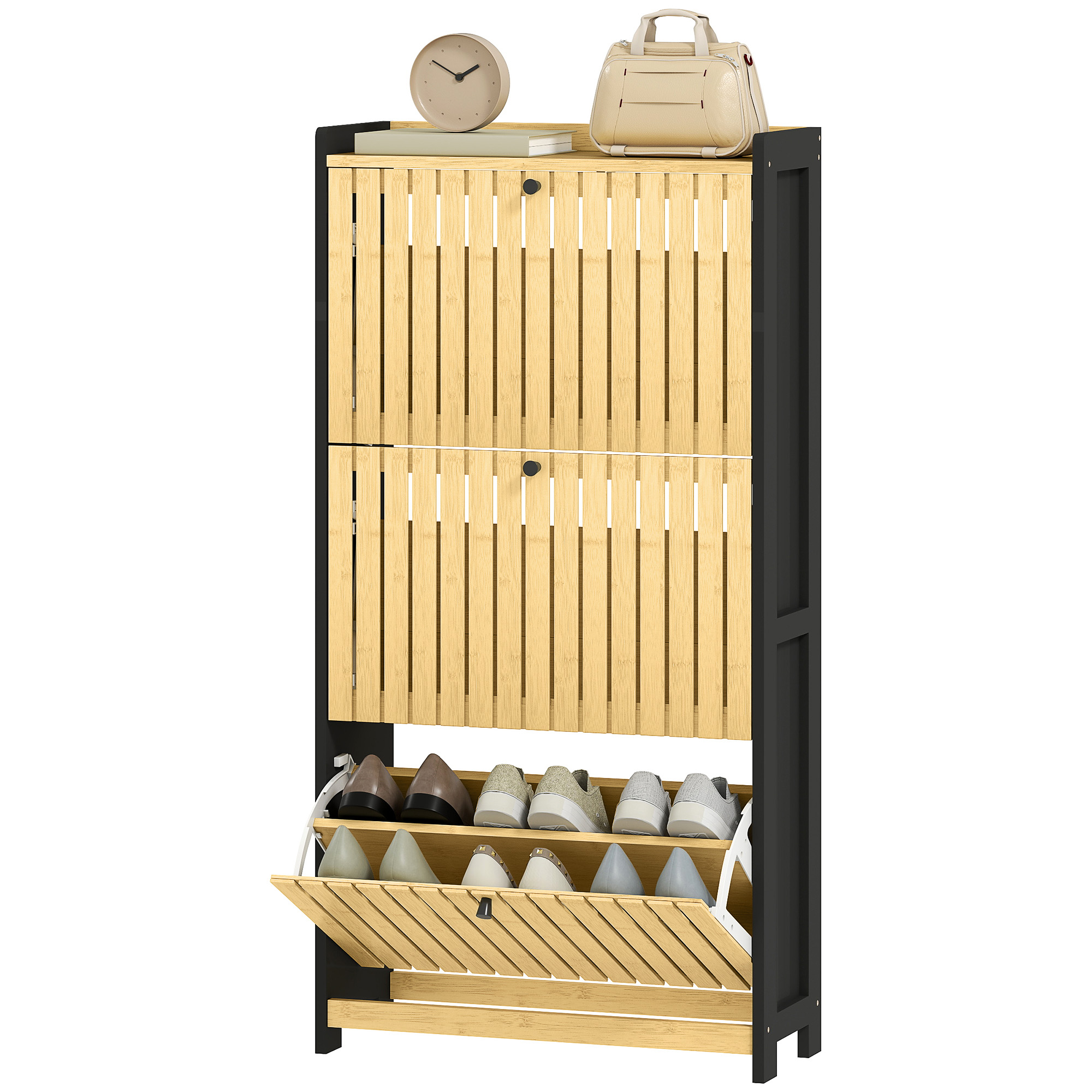 HOMCOM Schuhschrank 18 Paare mit 3 kippbaren Schubladen, Gittertüren aus Bambus, 60x24x118cm, Schwarz und Naturholz
