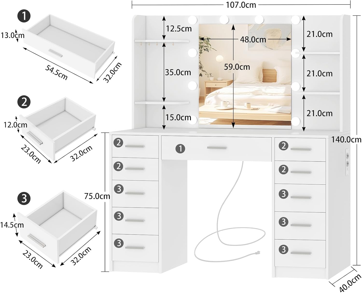 TEENFON Large Dressing Table with Mirror and LED Light, 3 Adjustable Colours, Makeup Desk with 11 Drawers, 4 Shelves and 5 Hooks, Modern Dresser, White