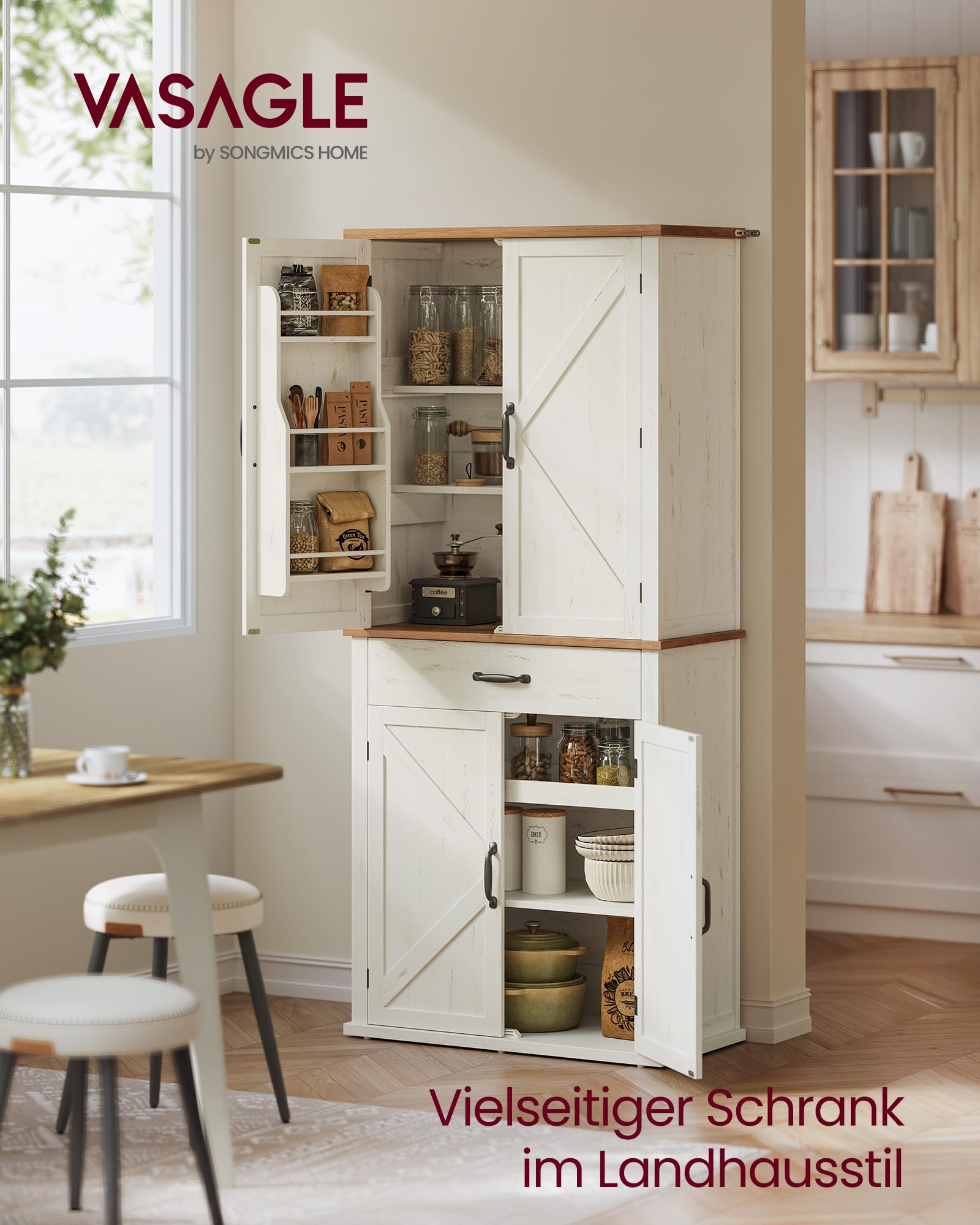 VASAGLE Küchenschrank Mehrzweckschrank freistehend 80 x 39.5 x 178.6 cm mit Türen und Regalen für Küche