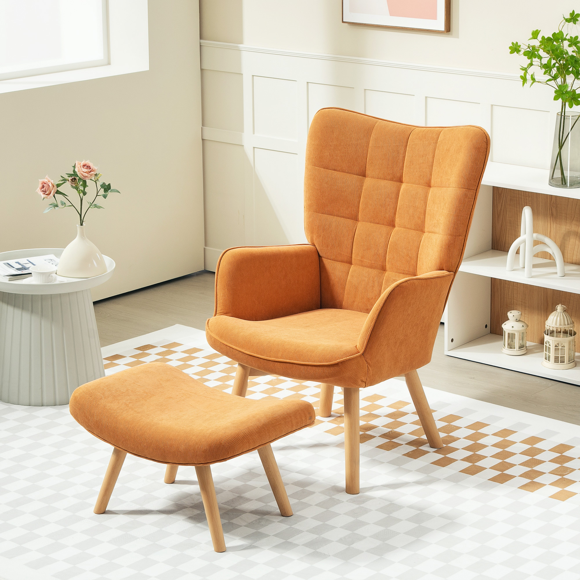 HOMCOM Akzentsessel mit Hocker, Relaxsessel in Cord-Optik, Armlehnstuhl mit Holzbeinen, für Wohnzimmer, Braun