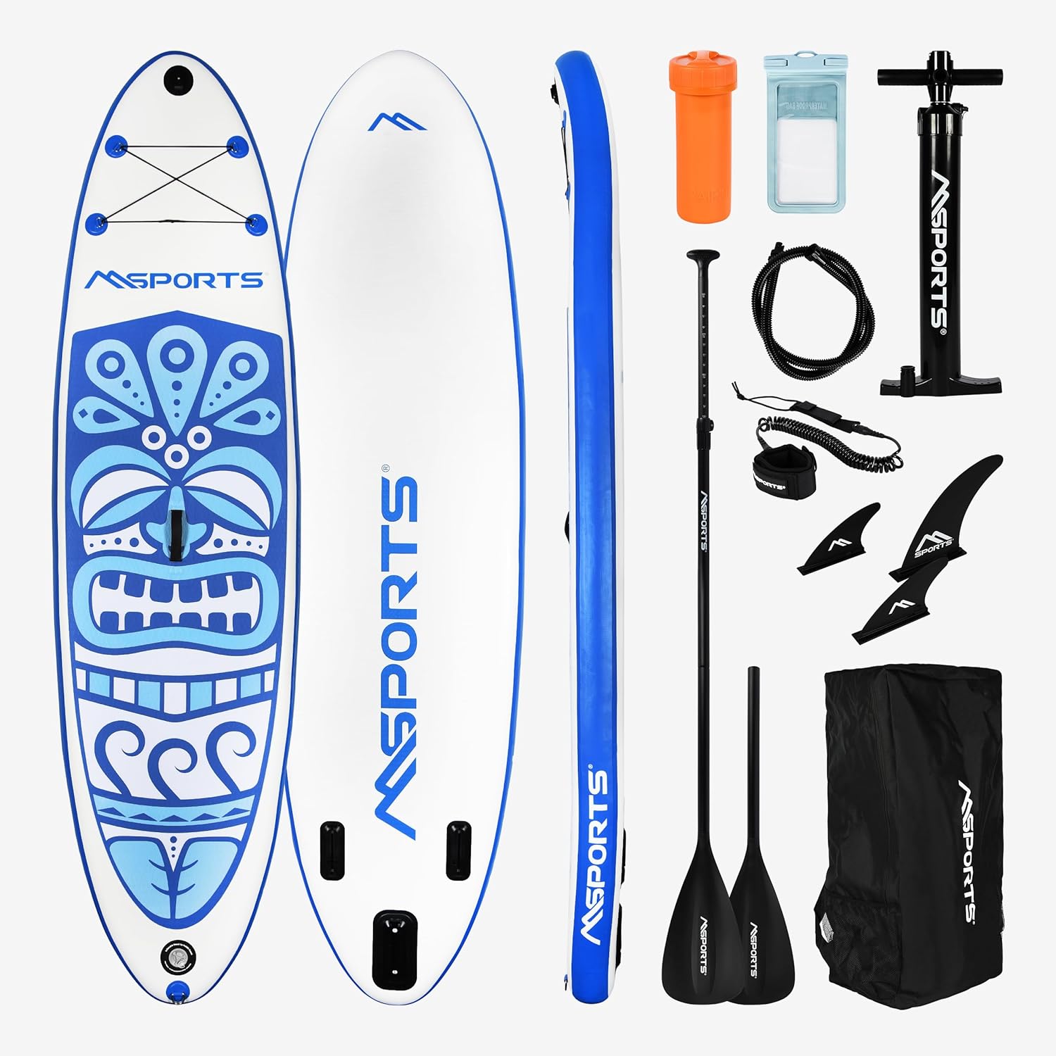 MSPORTS Stand Up Paddle Board gonfiabile completo paddleboard accessori pagaia regolabile, pompa di alta qualità + 2 bastoncini + custodia impermeabile per smartphone + borsa multifunzione