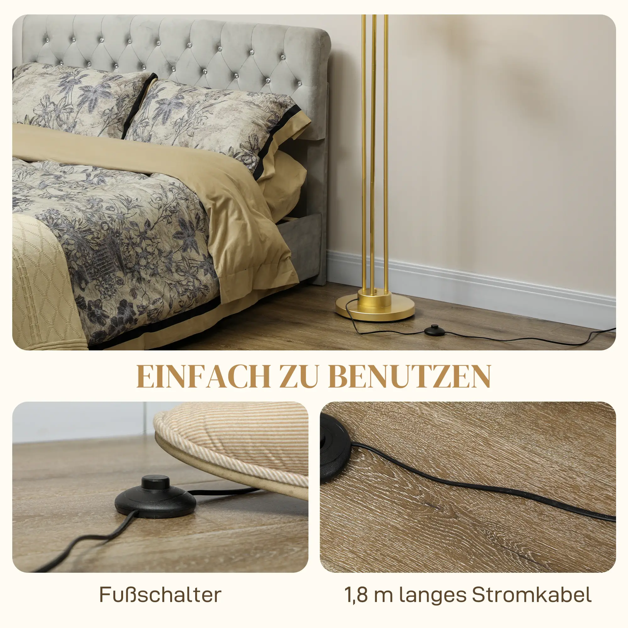 HOMCOM Stehlampe drehbar 3 Schirme Wohnzimmer Leselampe Gold