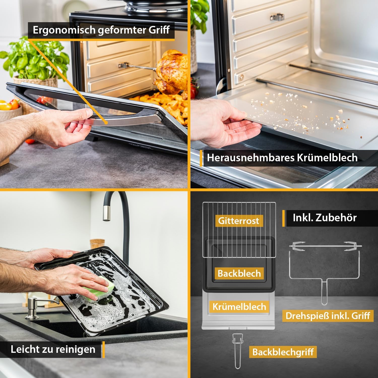 TZS First Austria Mini-Backofen mit Kochplatten | 45 Liter Fassungsvermögen, 3200W, Umluft, max 230°C | Backblech, Drehspieß, Grillrost, Innenbeleuchtung | kompakt für Camping, Wohnheim & Kleinküchen