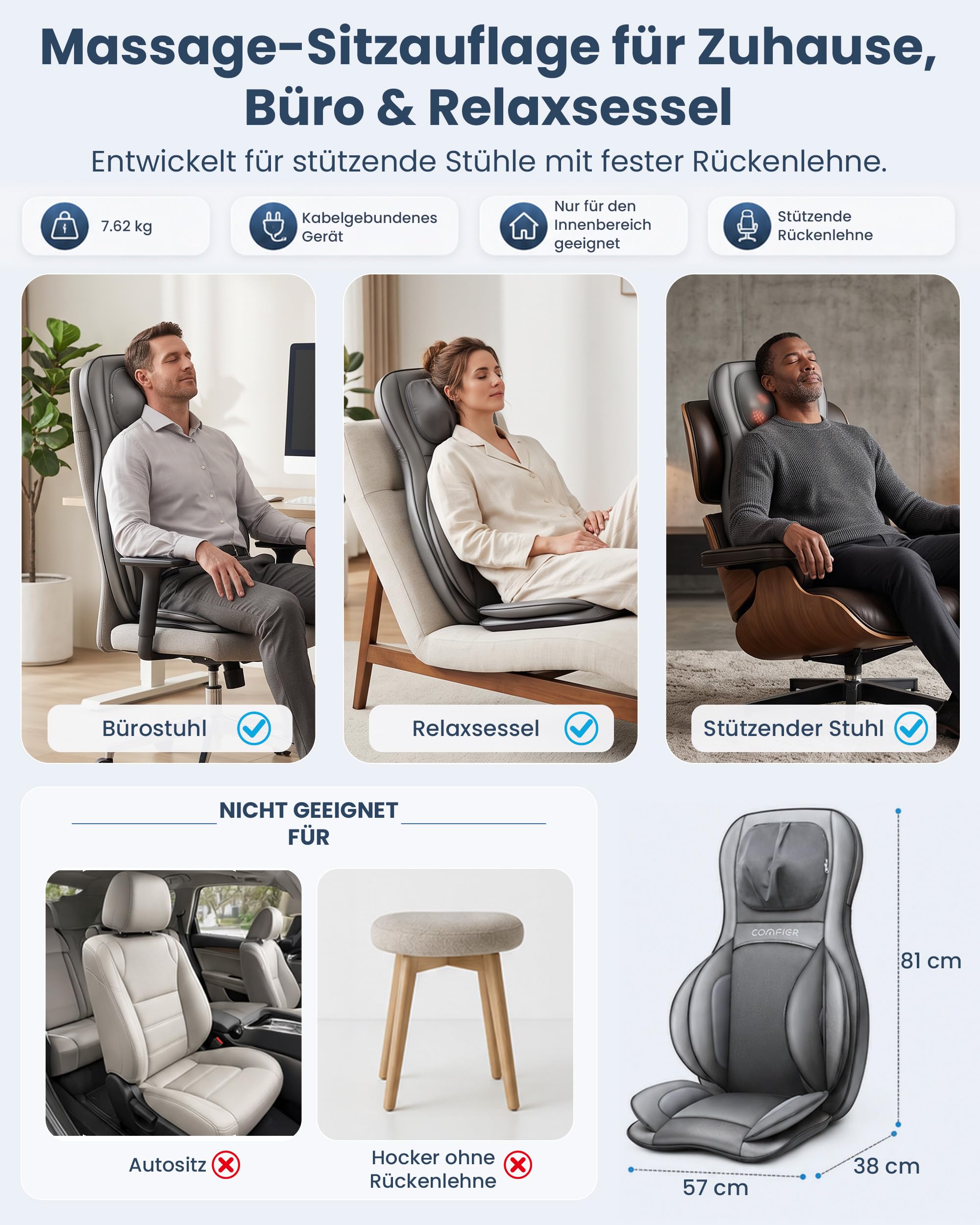 Massagesitzauflage mit Shiatsu, Wärme und Luftdruckmassage, höhenverstellbare Nackenmassage, 3 Zonen