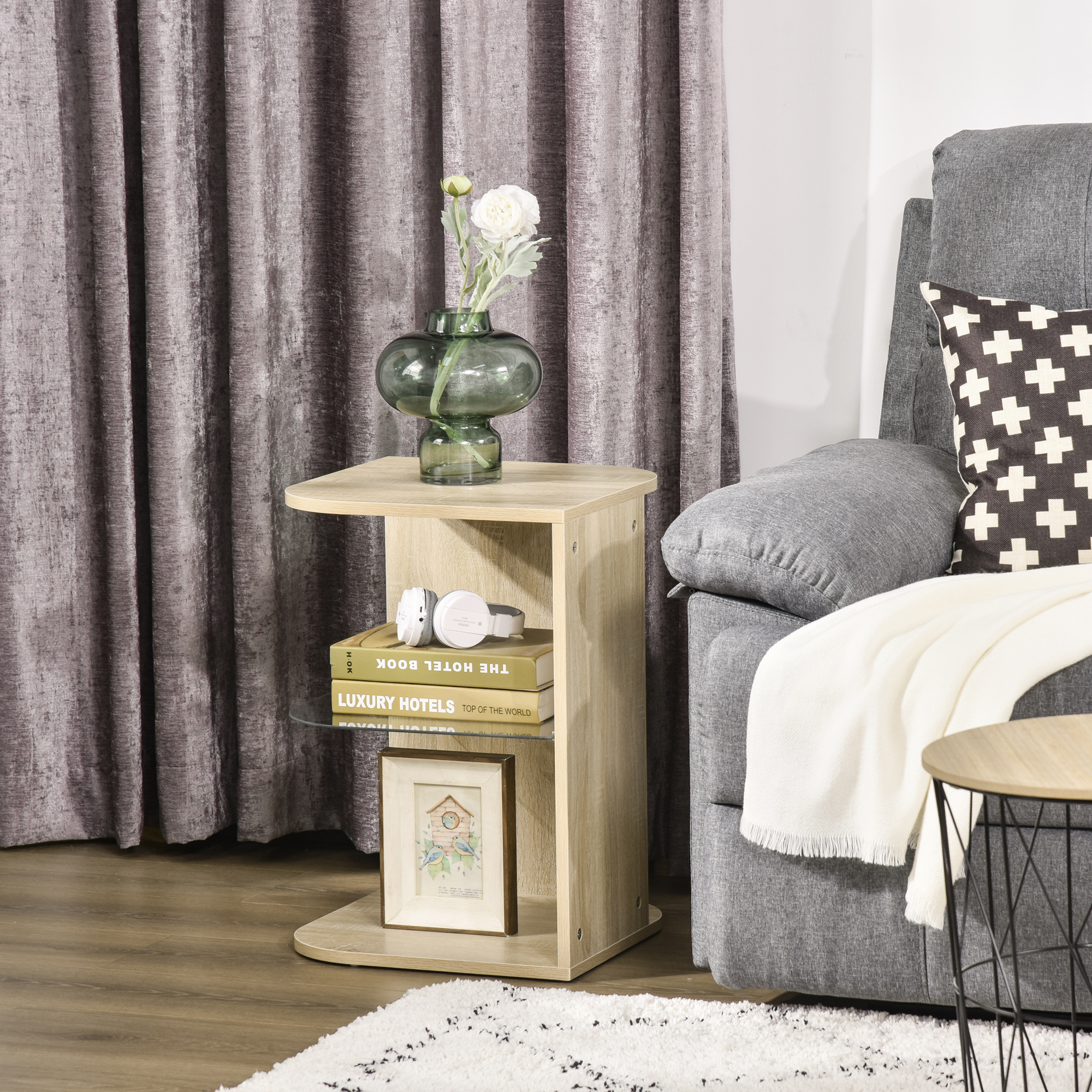 HOMCOM Beistelltisch Blumenhocker Design Zeitgenössisch Sofatisch Glasregal Naturholz