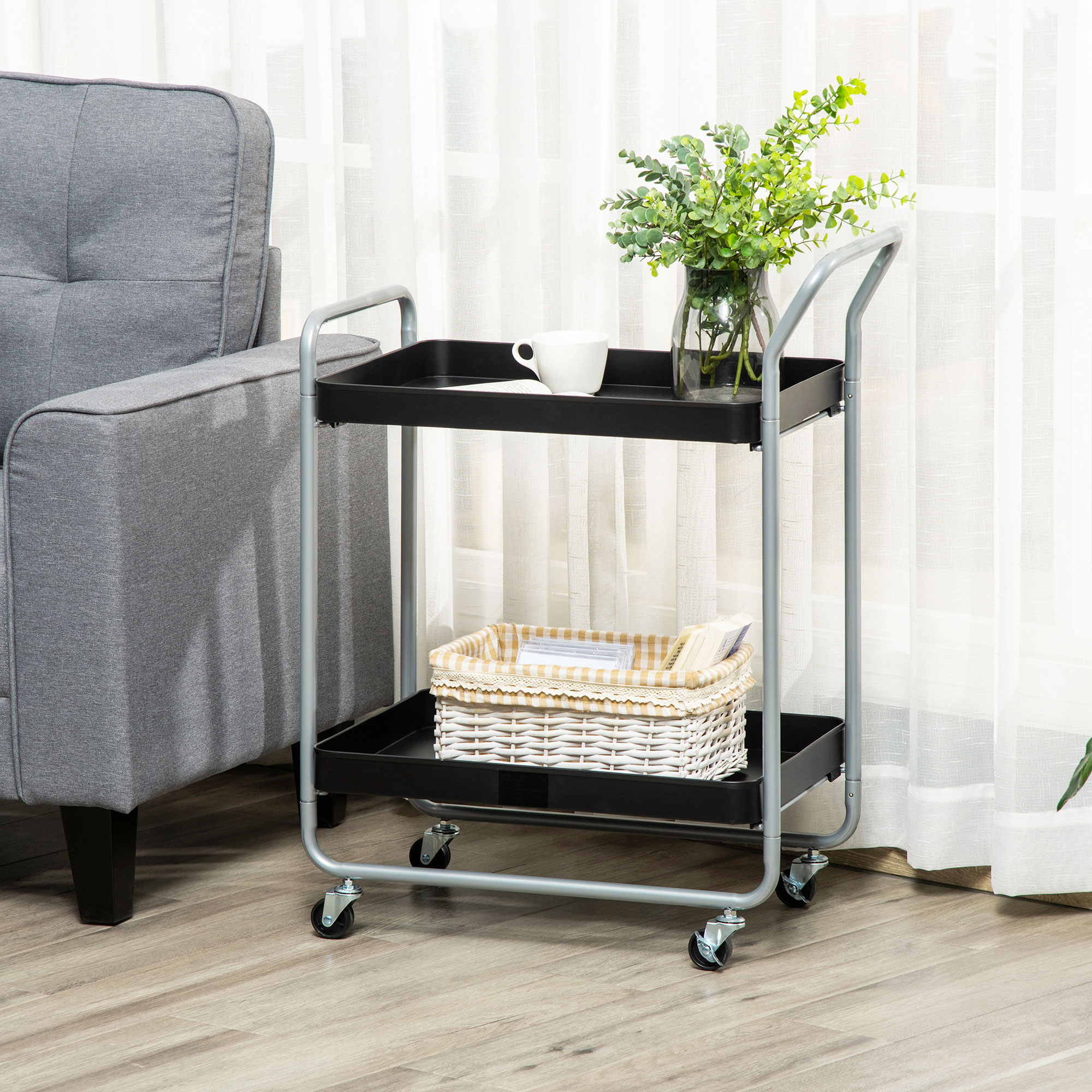 HOMCOM Servierwagen mit 2 Etagen, mit Griffen und Schwenkrädern, Metallwagen für Küche Wohnzimmer, 63x40,4x83,5cm, Schwarz