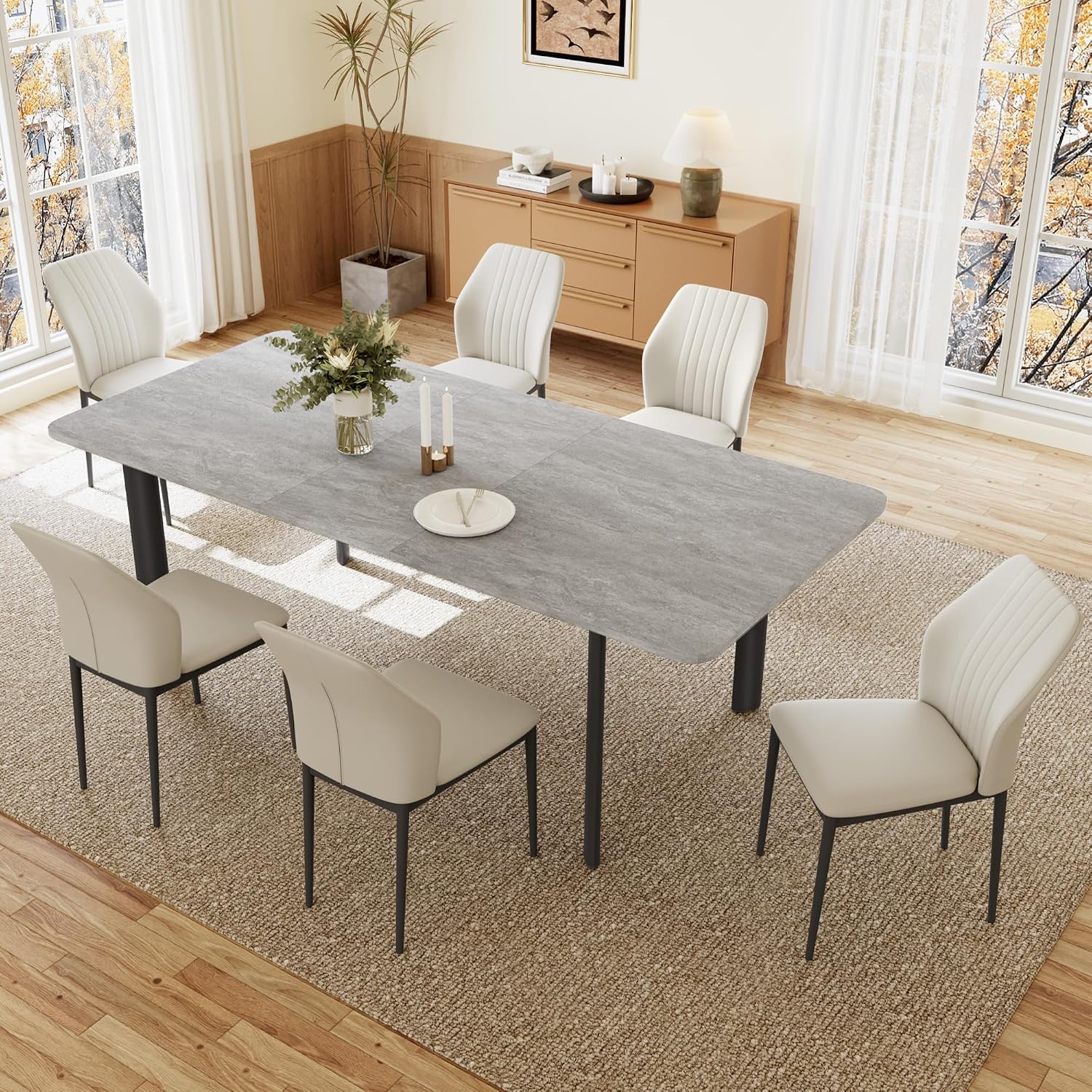 JIEXI Esstisch Mit 4-8 Stühlen Set, Stilvoller MDF-Platten Esstisch Für Das Wohnzimmer (160-200cm grau Tisch + 6 weiß Stühle, Moderner, C)