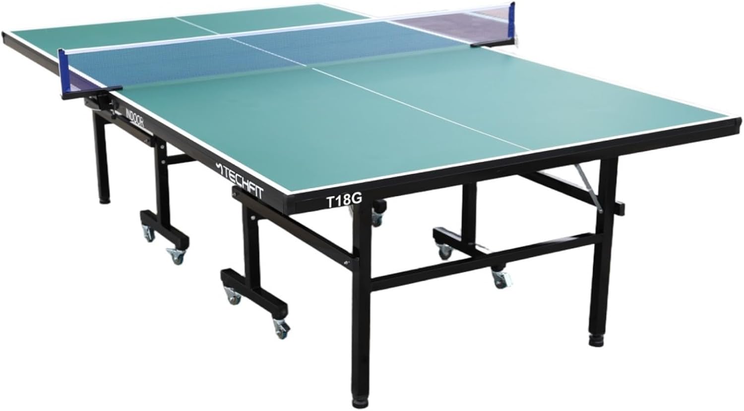 TechFit Tavolo da Ping Pong Professionale per Interni - Pieghevole da Interno con Inclinazione Unilaterale, Struttura Metallica Nera, Rete da 180 cm, Roti Silconate con Freni, 274x152,5x76 cm