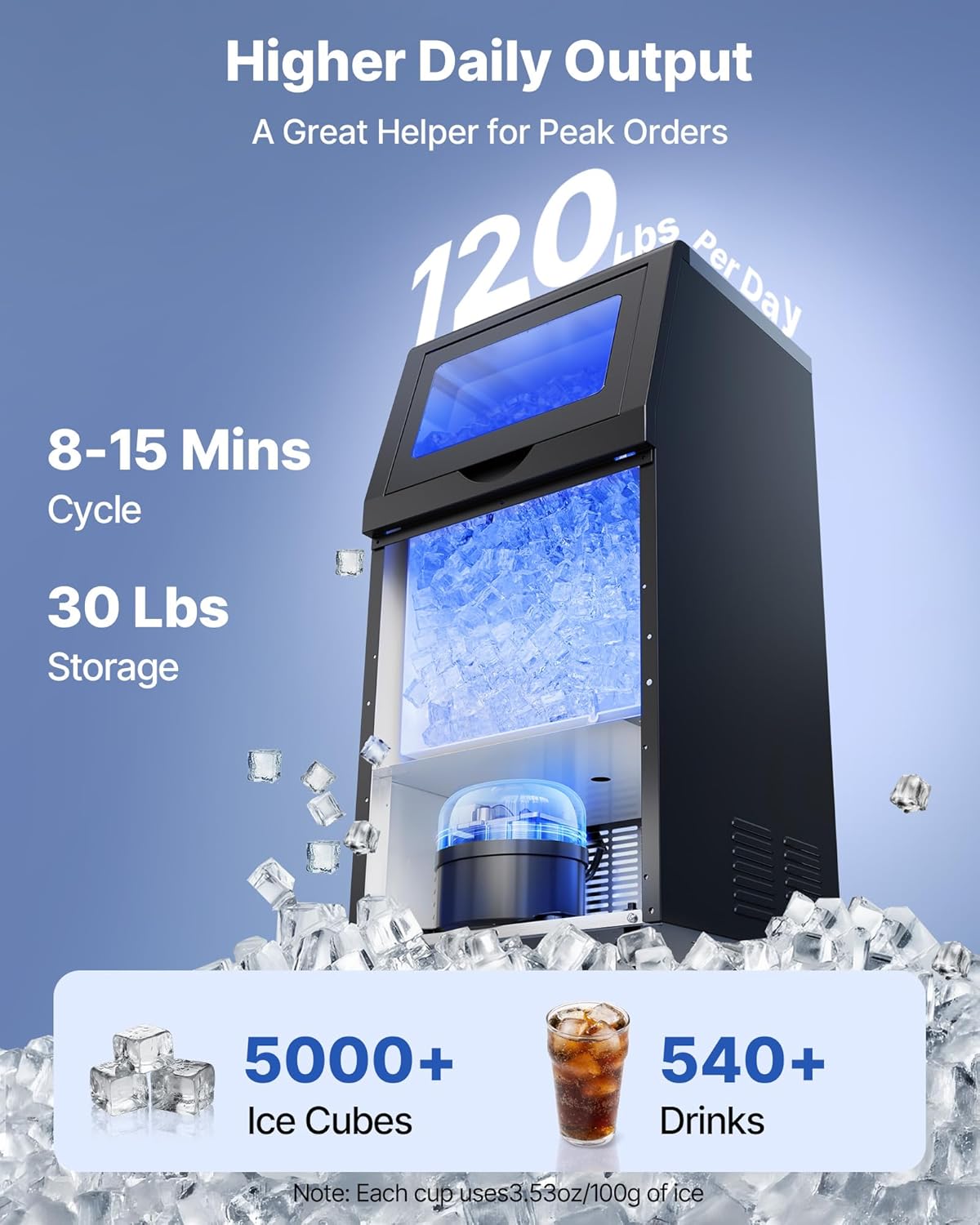 VEVOR Kommerzielle Eismaschine 54 kg/Tag, Eiswürfelbereiter mit 14 kg Eisvorratskapazität, Eiswürfelmaschine aus Edelstahl mit LED-Anzeige und Selbstreinigung, Ideal für Restaurant, Cafe und Bar