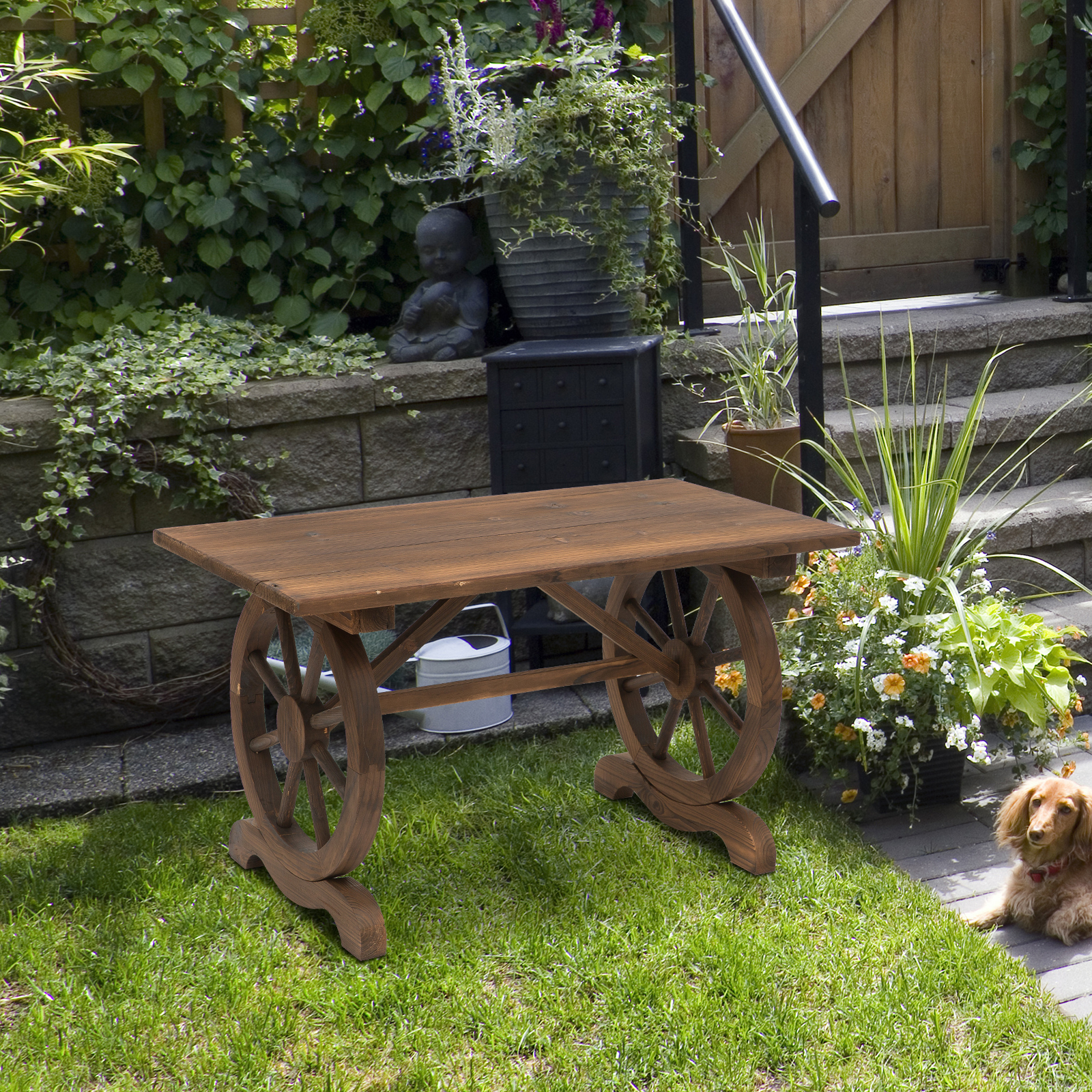 Outsunny Gartentisch, Balkontisch, Holztisch, Räderform, Witterungsbeständig, Massivholz, Natur, 110 x B60 x H65 cm