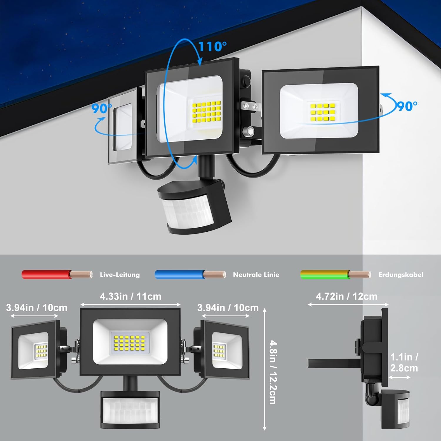 LED Strahler mit Bewegungsmelder 50W, 5000LM Fluter Flutlicht Scheinwerfer, 6500K Kaltweiß Flutlichtstrahler, IP65 Wasserdicht Außen-Sicherheitsbeleuchtung für Garten Garage Hof Wand,10Stück