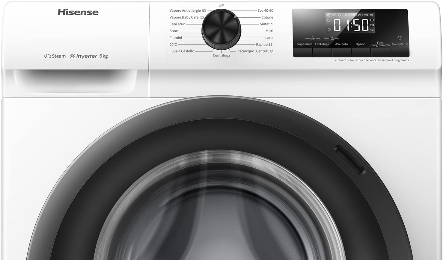 Hisense WFVB7012EM Front Load Washing Machine 7 kg 1200 rpm 15 Programs Steam LED Display Rapid Program Delay Start Child Lock