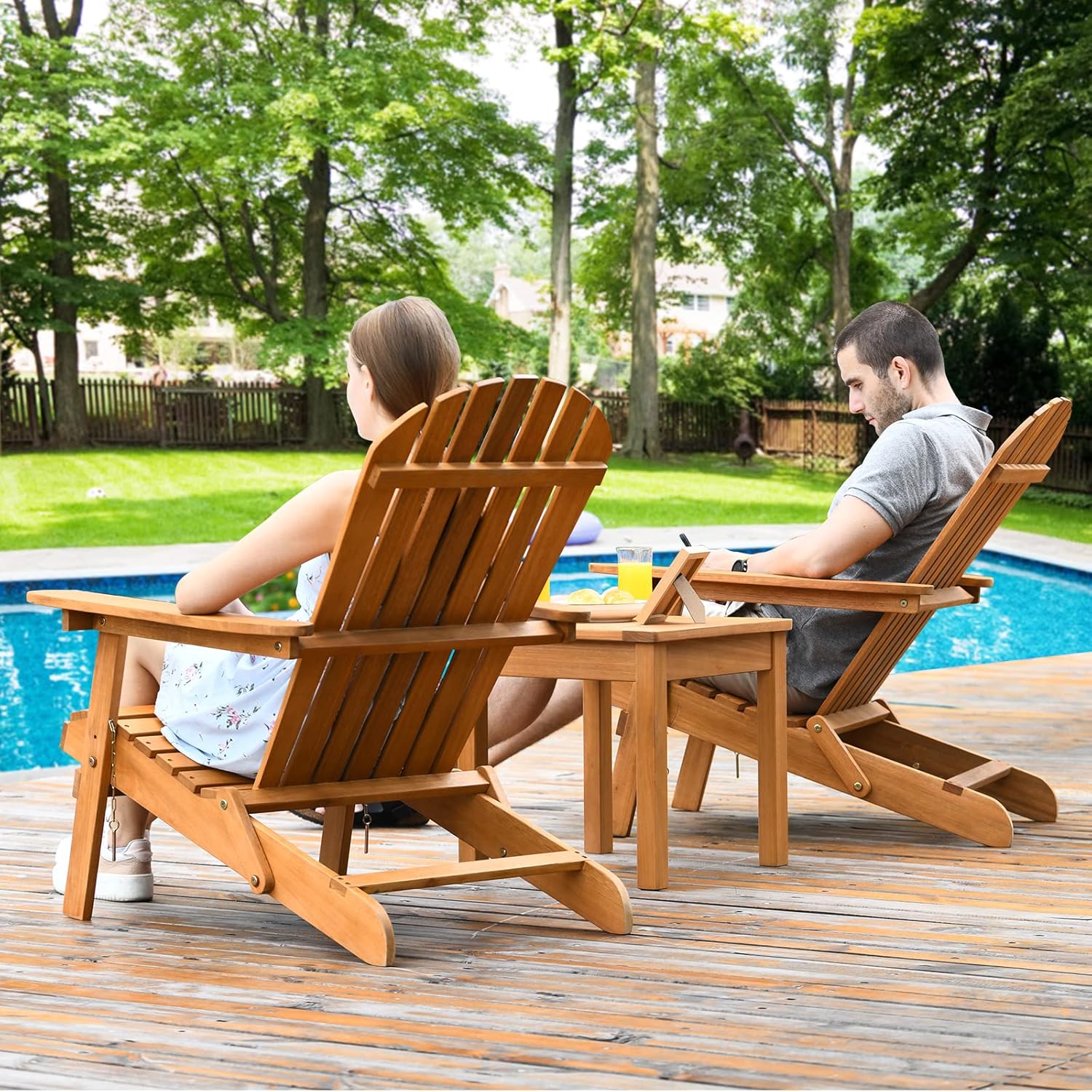 COSTWAY Adirondack 3 Piece Wooden Chairs and Side Table Set Folding Deck Chairs and Side Table with Slatted Design, Wooden Outdoor Furniture for Garden, Patio, Natural