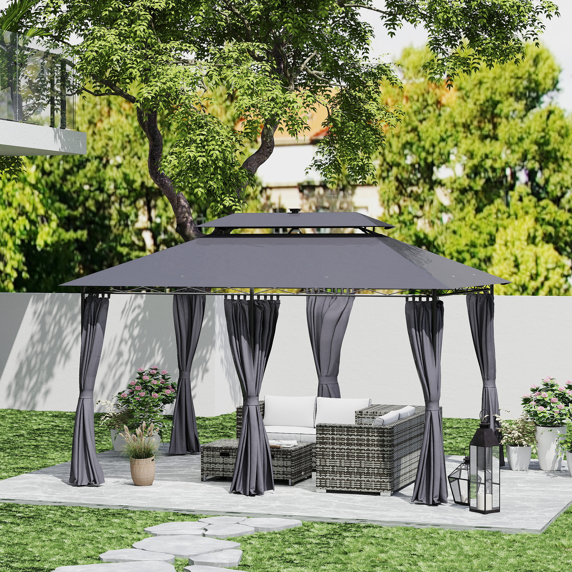 Outsunny 3 x 4 m Tuinpaviljoen, Tuintent met Zijwanden en Solar-LED-Lichten, Stalen Frame, Terrastent, Donkergrijs
