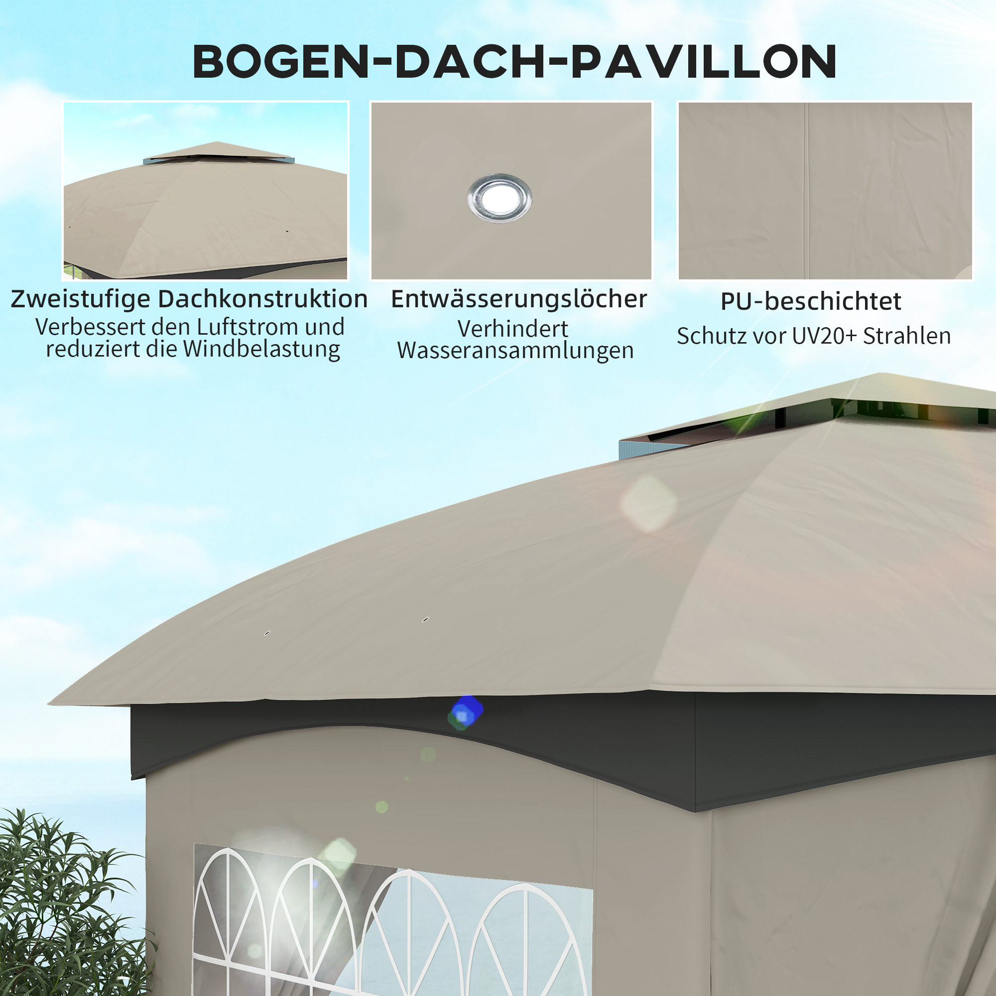 Outsunny 3,4 x 3,4 m Tuinpaviljoen, Feesttent met Ventilatiedak, Boogvensters, Stalen Frame, Lichtgrijs