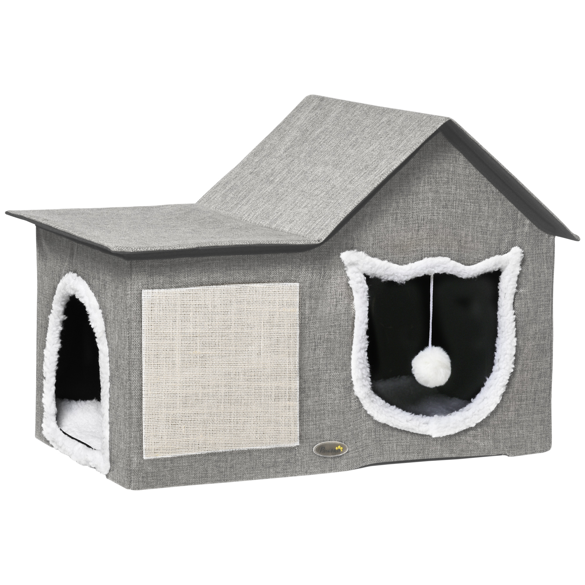 PawHut Katzenhaus mit Kratzfläche, inkl. Spielball, Katzenhöhle, 65 cm  x 41 cm x 45.5H cm, Braun + Weiß + Beige