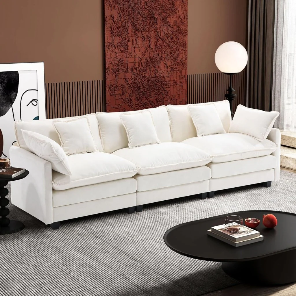 111.4 Inch L-Shaped Modern Sofa Modular Cloud Sofa with Ottoman, 4-Seater Chenille Deep Seat Sofa with Pillows for Living Room, Bedroom and Apartment, Beige