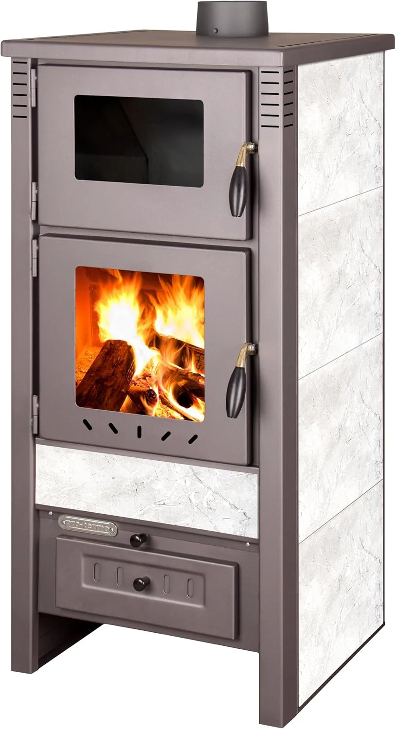 Generico Bio Holz Sille mit Backofen, Ohne Montage, 12 kW, Weißer Keramik Holzofen, Heizt bis zu 80 m², 82% Effizienz, Freistehend, Direkte Entlüftung