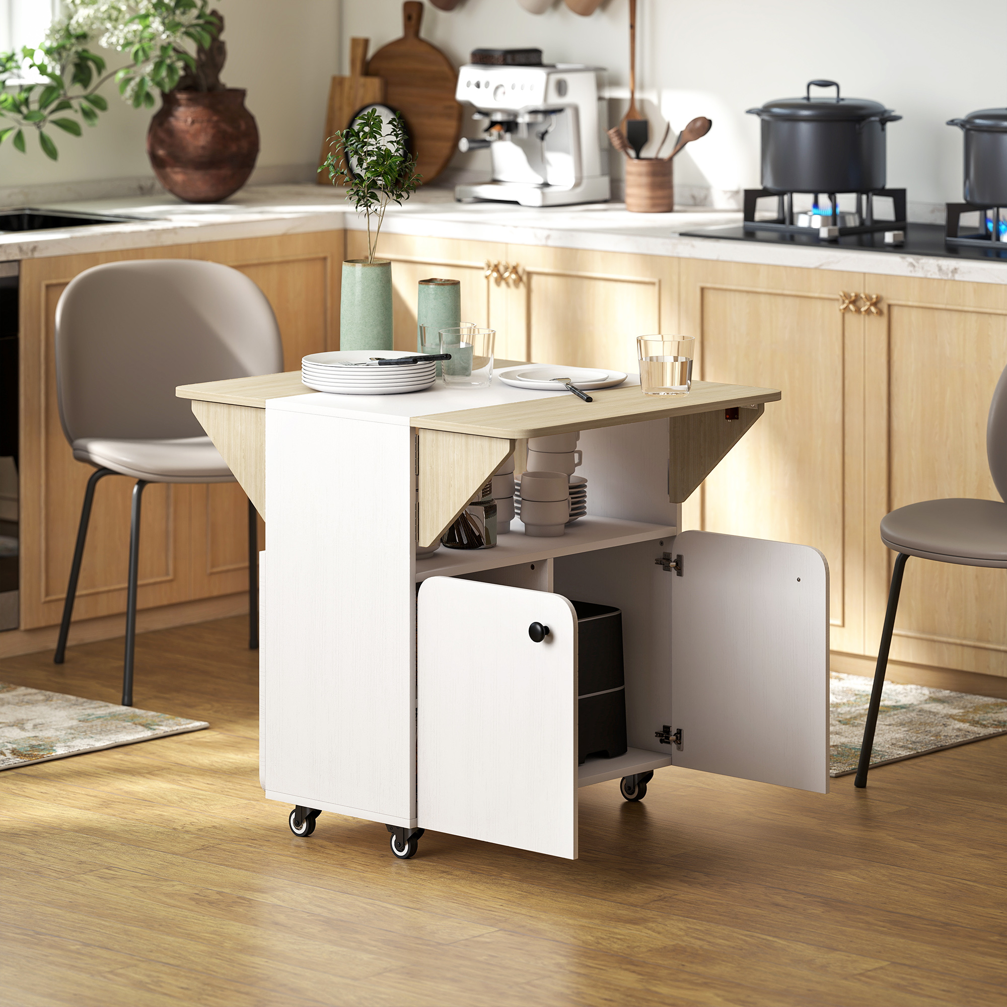 HOMCOM Klapptisch Rollschrank, zwei klappbare Tischseiten, Schrankfach, 4 Rollen, Weiß+Naturholz, 70 x 83 x 75cm